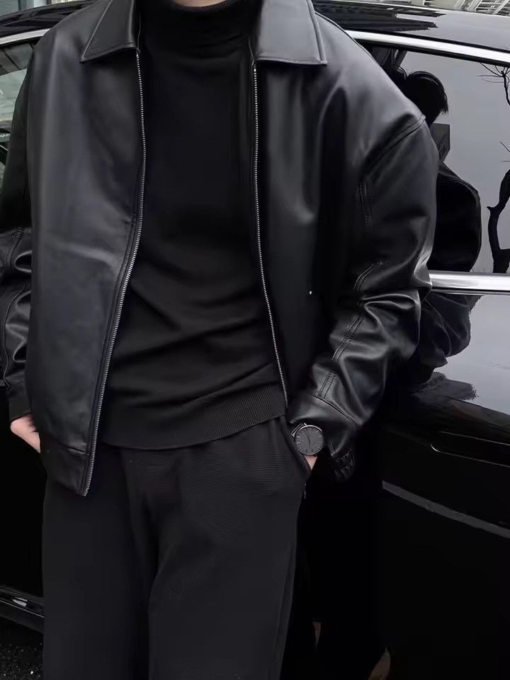 Japanese Brand Boxy Faux Leather Bomber Jacket - Minimalist Korean Style Size US L / EU 52-54 / 3 - 4 Thumbnail