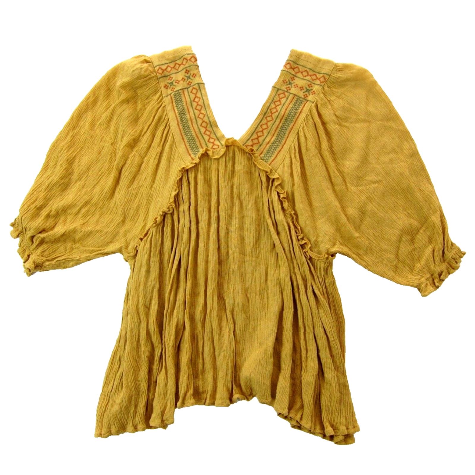 Vintage Davi & Dani 100% Rayon Mustard Yellow Embroidered V-Neck Peasant Blouse Small Shirt Women Regular XS? Size S / US 4 / IT 40 - 2 Thumbnail