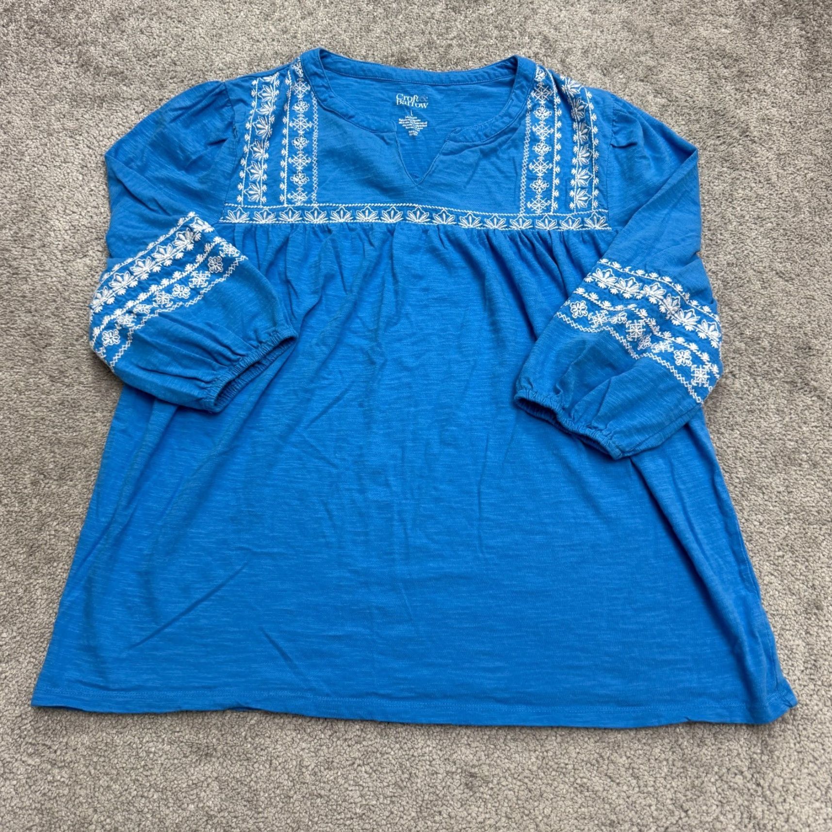 Croft & Barrow Croft & Barrow Blouse Women L Blue Long Sleeve Peasant Embroidered Knit Casual Bohemian Shirt Womens Size L / US 10 / IT 46 - 2 Thumbnail
