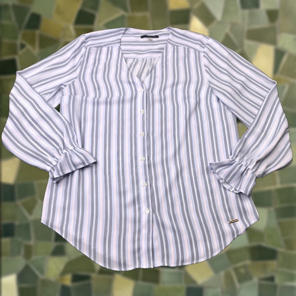 Vintage Tahari Womens Shirt Top Small Blue Striped Linen Button-Down V-Neck Long Sleeve Relaxed Fit Casual Shirt Size S / US 4 / IT 40 - 1 Thumbnail