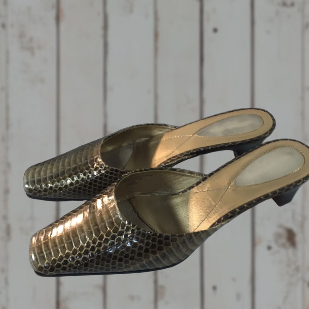 Liz Claiborne Liz Claiborne Flex Inez2 Leather Mules Womens Size 7.5 Casual Business Dress Square Toe Fall Spring Summer Gold Brown Snake Print Size US 7.5 / IT 37.5 - 1 Thumbnail