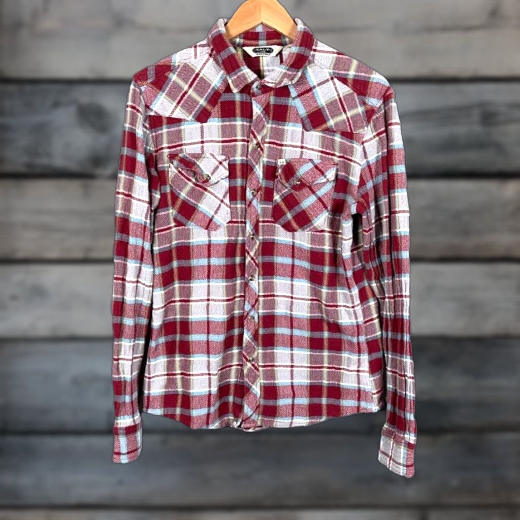 Vintage VINTAGE Salt Valley Western Flannel Shirt Dark Red Plaid Pearl Snap Adult Medium Regular Fit Mens Reduced Snap Wear Casual Workwear 80s 90s Style Size US M / EU 48-50 / 2 - 1 Thumbnail