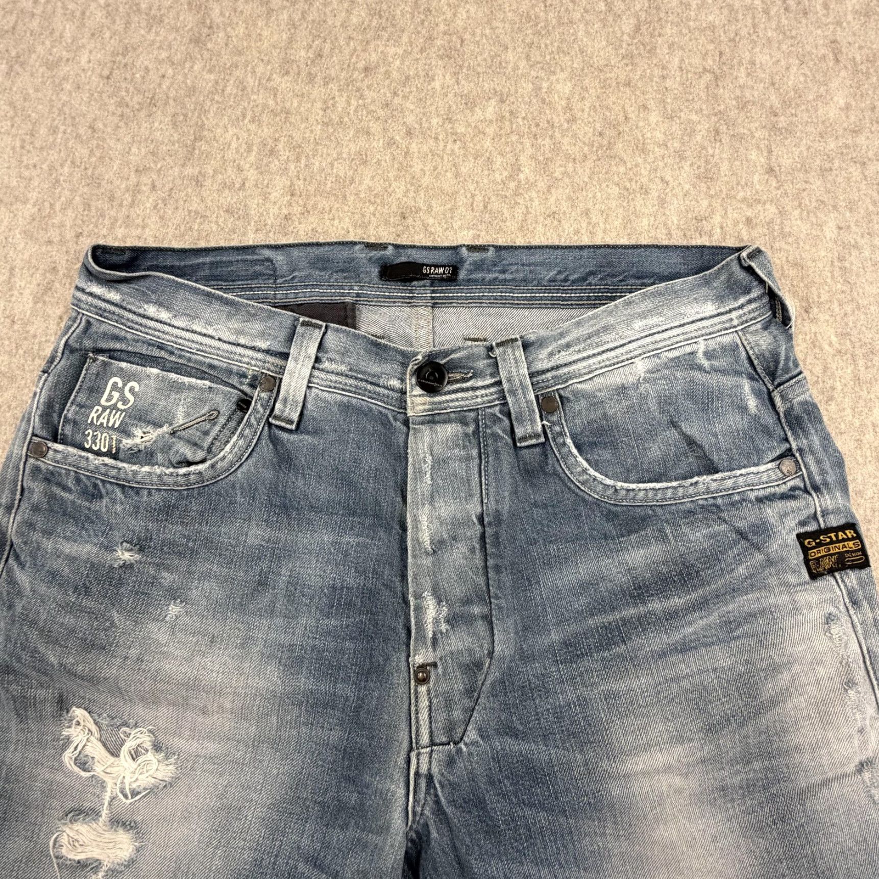 Vintage G-Star RAW Jeans Mens 33x34 Light Wash 3301 Distressed Straight Button Fly Size US 33 - 6 Thumbnail