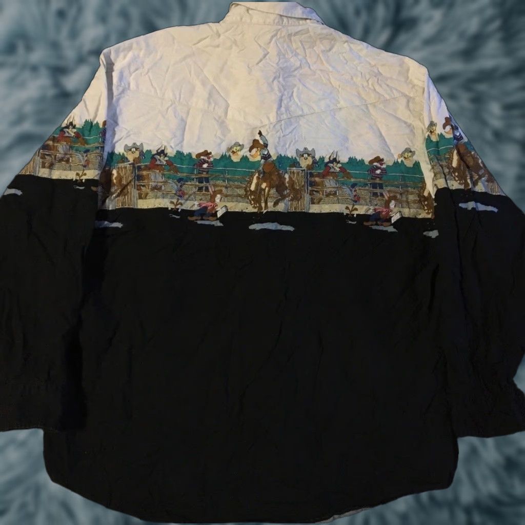 Vtg 90s Looney Tunes Faded Pearl Snap Shirt XXL Bugs Bunny Cartoon Western Shirt Mens 2XL Black T-Shirt Disney Warner Bros Holiday?