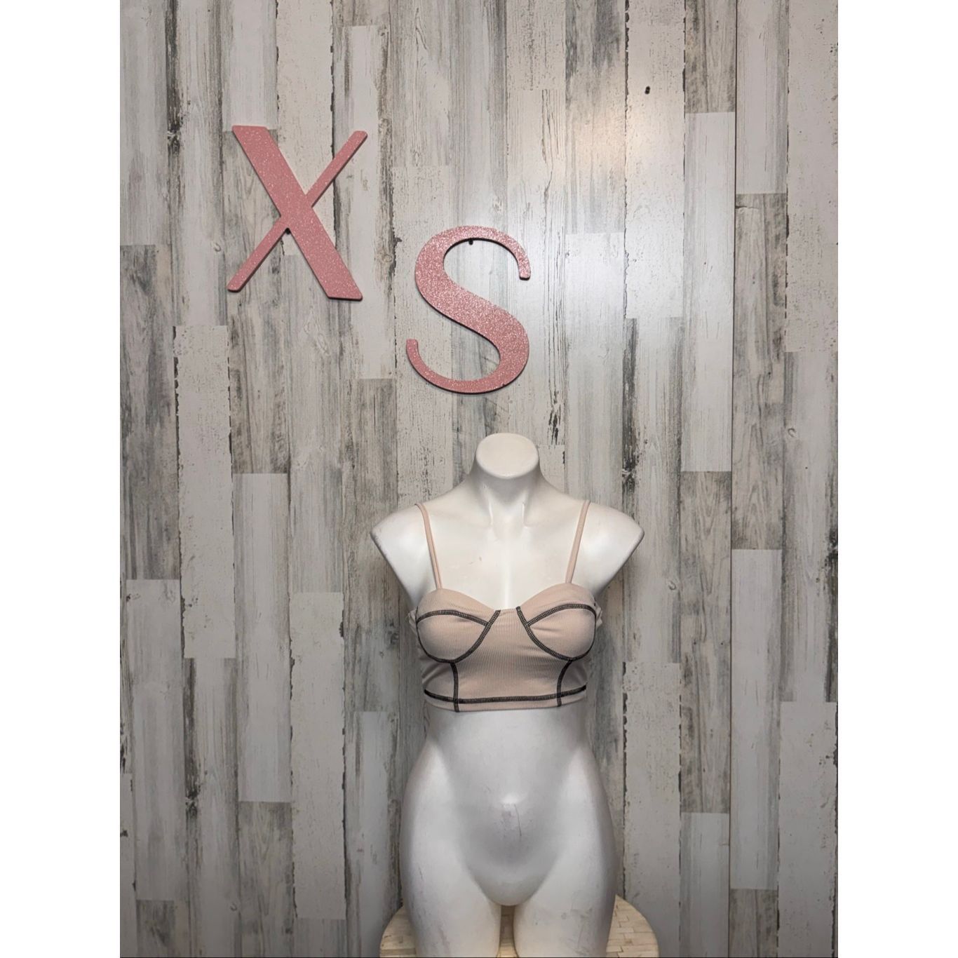 Other Nude Beige Ribbed Bustier Crop Top with Black Stitching – Size XS Size XS / US 0-2 / IT 36-38 - 1 Thumbnail