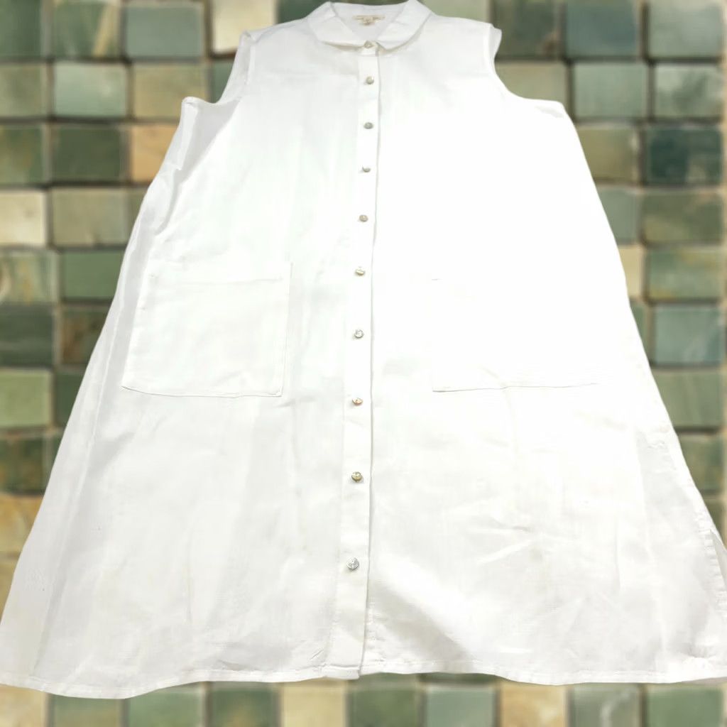 Eileen Fisher Eileen Fisher Shirt Dress White 100% Linen Knee Length Button Front M - Womens, Regular, Solid, Pockets, Collared, Sleeveless, Vintage No Size M / US 6-8 / IT 42-44 - 1 Thumbnail