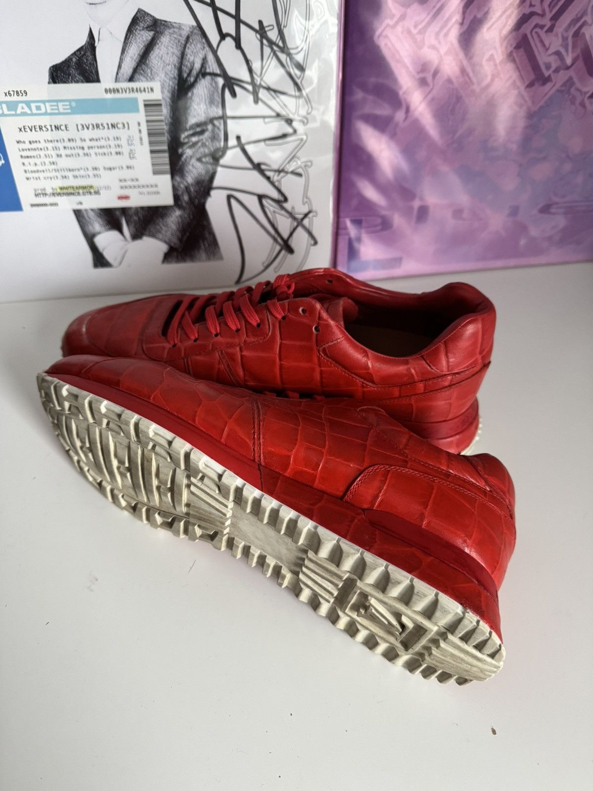 Louis Vuitton Louis Vuitton Red Crocodile Embossed Leather Sneakers Luxury Size US 7.5 / EU 40-41 - 2 Thumbnail