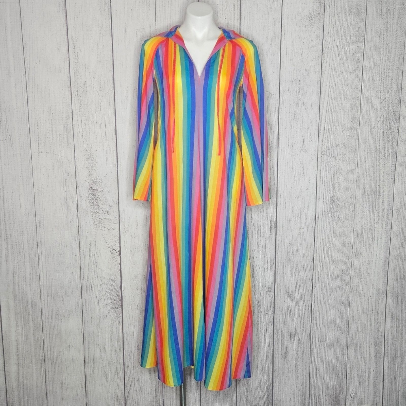 Vintage VTG OOAK Hooded Rainbow Stripe Maxi Dress, Flared Sleeves Size S / US 4 / IT 40 - 3 Thumbnail