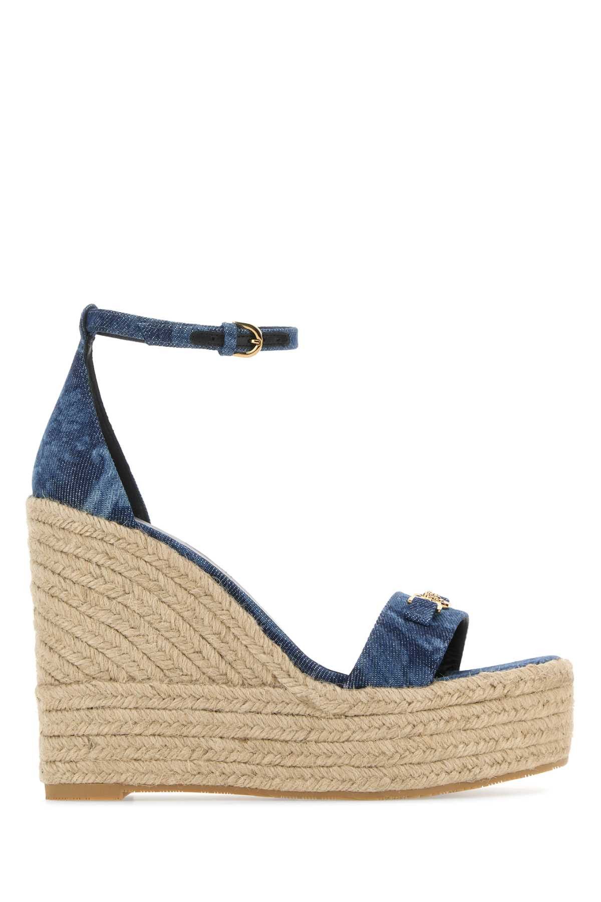image of Versace Printed Denim Baroque Wedges Shoes, Women's (Size 8)