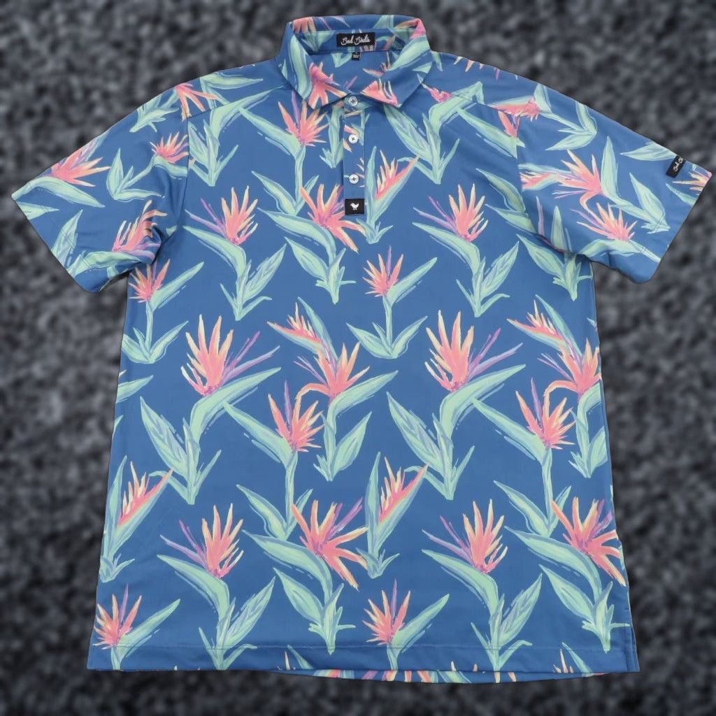 Vintage Bad Birdie Polo Mens Large Blue Green Flower All Over Print AOP Performance Golf Polo Shirt Size US L / EU 52-54 / 3 - 1 Thumbnail