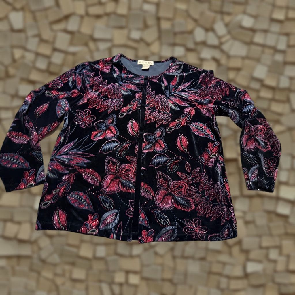 Vintage Notations Blouse Womens XL Black Pink Floral Sparkle One Button Long Sleeve Size XL / US 12-14 / IT 48-50 - 1 Thumbnail