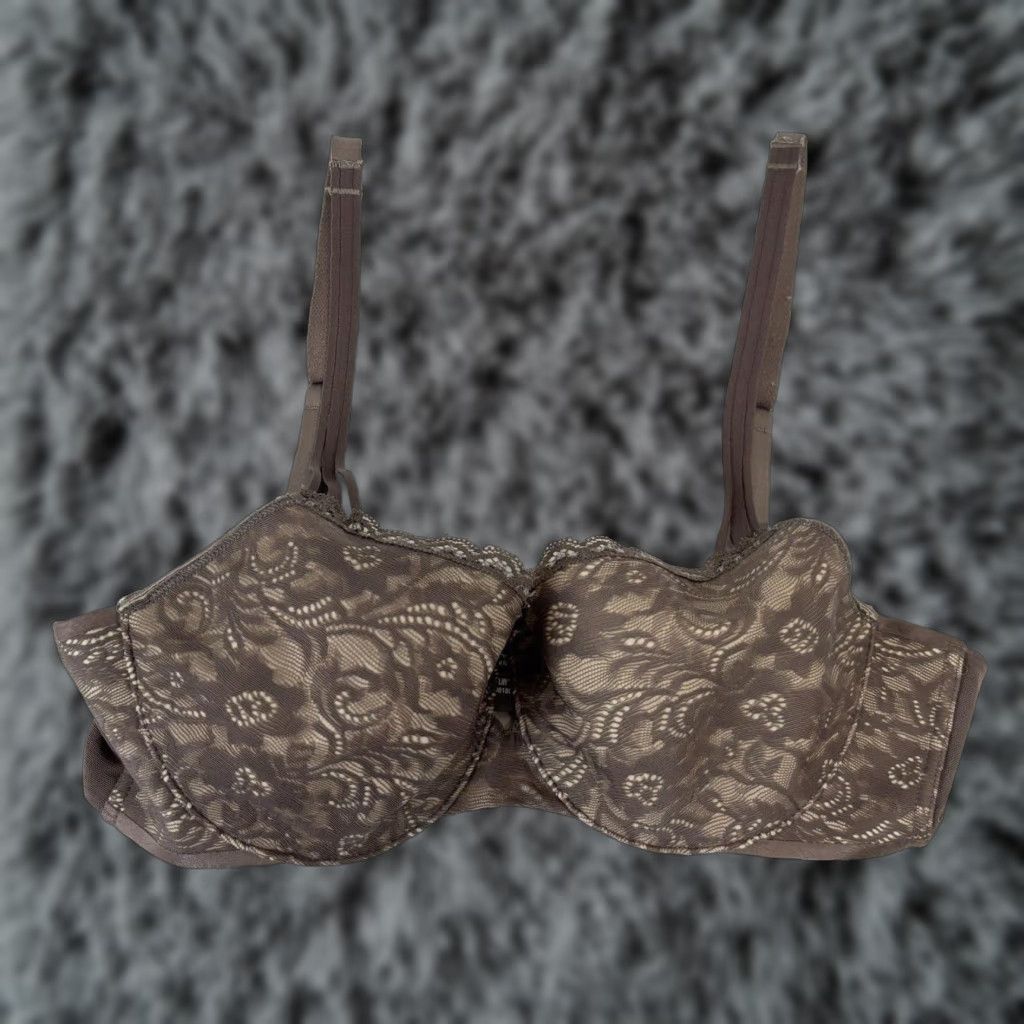 Vintage Soma Lightest Lift Plunge Bra 34C Womens Lace Overlay Brown Floral