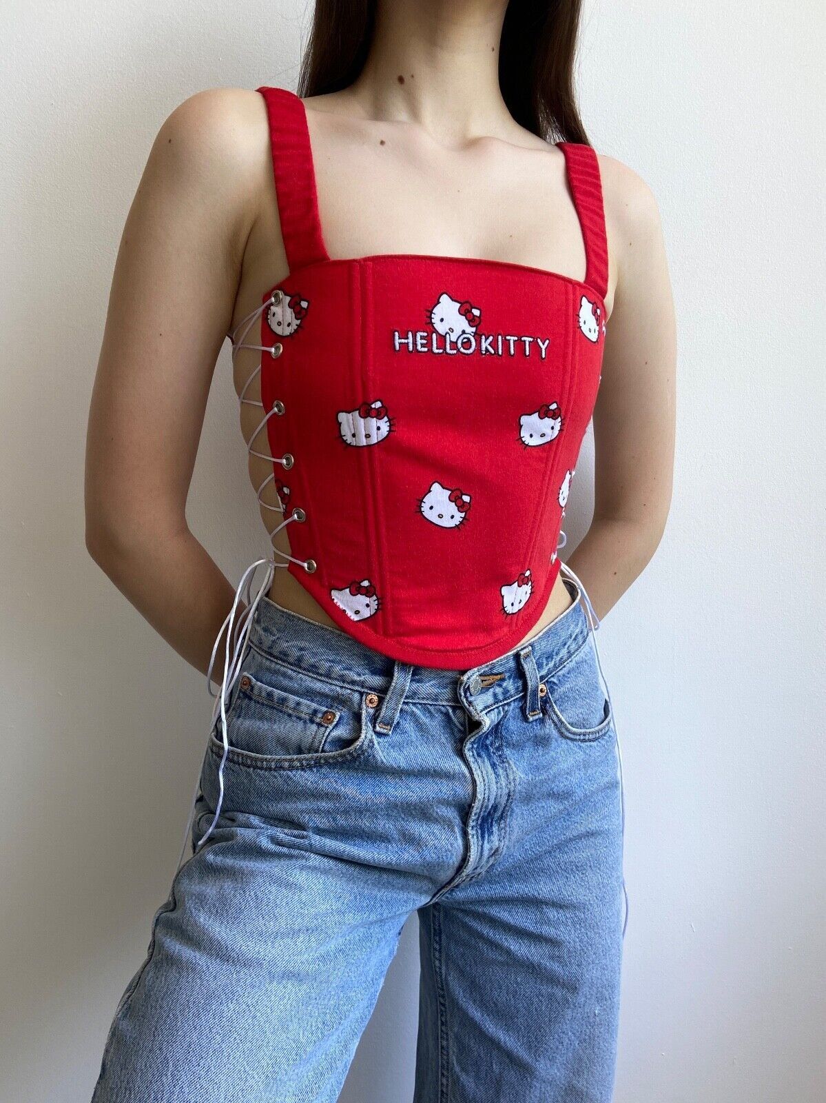 Handmade Handmade Hello Kitty Red Icon Women's Tank Crop Top Corset Size S / US 4 / IT 40 - 4 Thumbnail