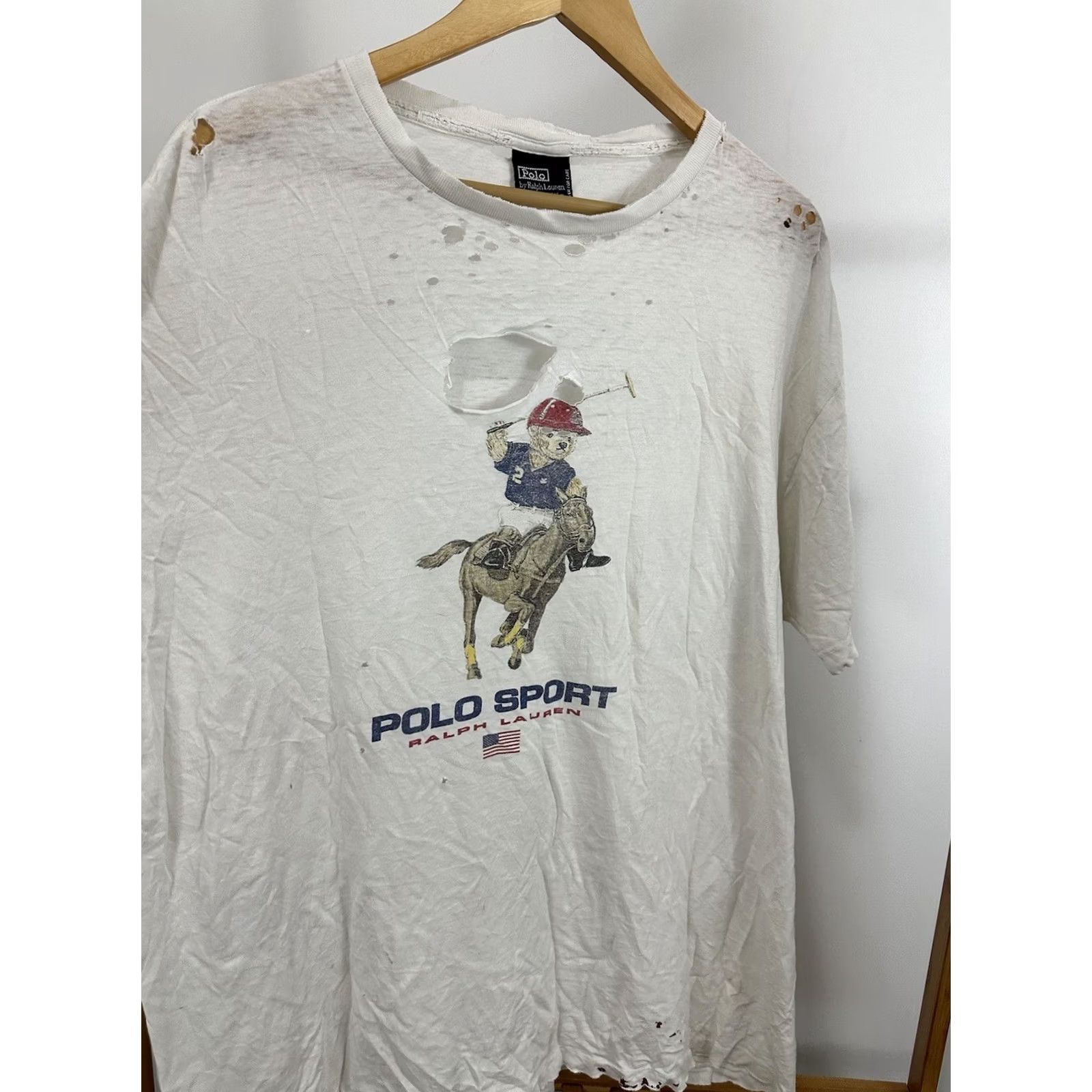 Vintage VTG Polo Ralph Lauren Bear Pony Thrashed Paper Thin Worn T-Shirt L Men White Polo Sport Shirt 90s Grunge Workwear Mens Size US L / EU 52-54 / 3 - 5 Thumbnail
