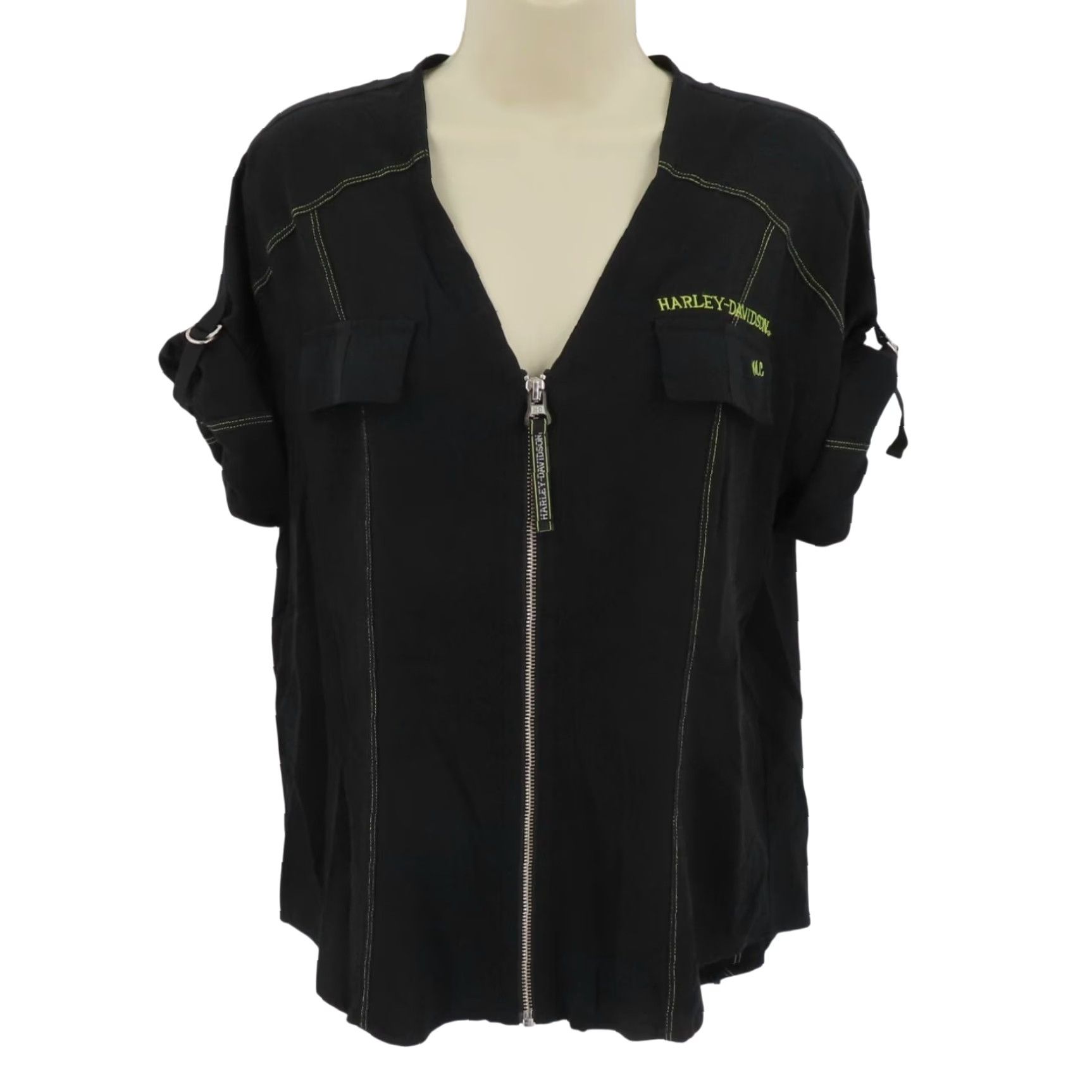 Harley Davidson Harley-Davidson Blouse Shirt Women Medium Black Short Sleeve Zipper Front Top | Motorcycle Theme, Basic Style, Solid Pattern Size M / US 6-8 / IT 42-44 - 2 Thumbnail