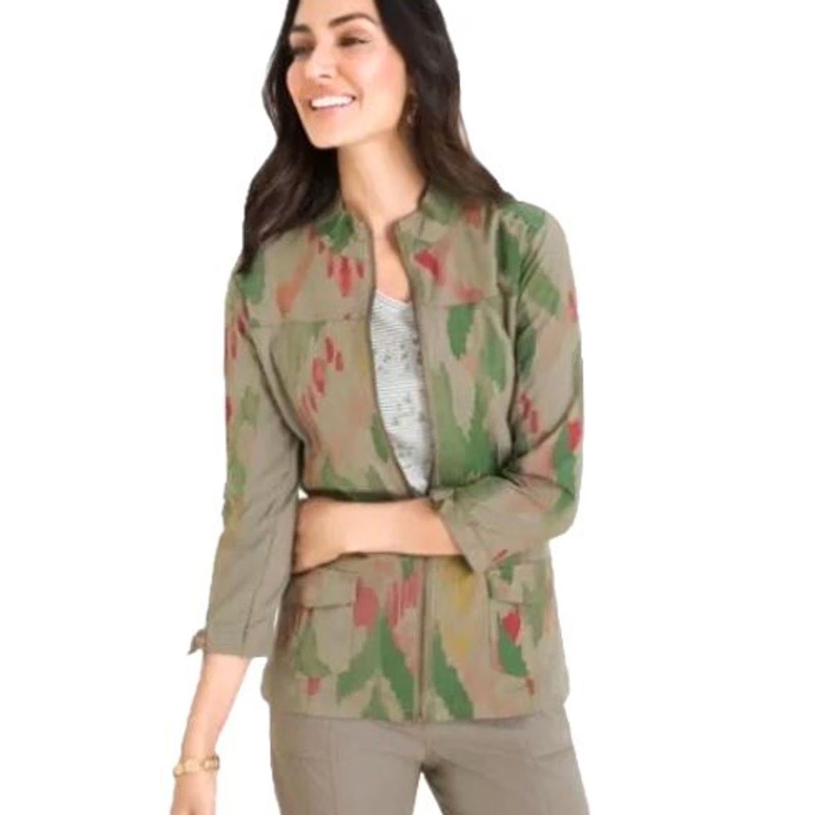 Vintage Chicos Jacket Womens S Small Green Ikat Utility Zip Up 3/4 Sleeve Zipper Front Pockets Bohemian All Seasons Size S / US 4 / IT 40 - 2 Thumbnail