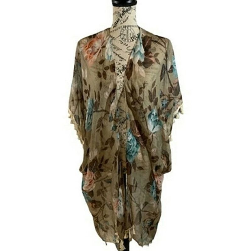 Other Riah Fashion LA Floral Kimono Wrap Boho Shawl Tassels Sheer Size ONE SIZE - 8 Thumbnail