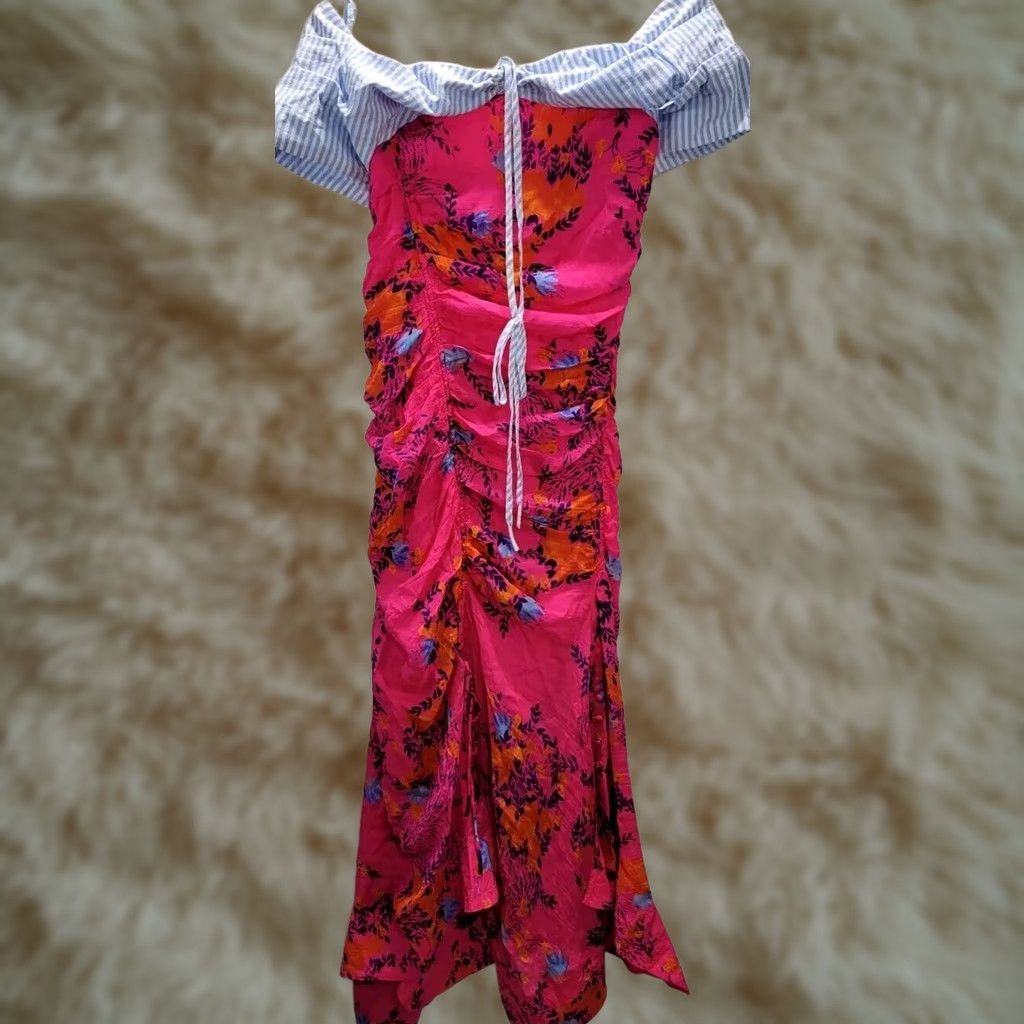 Tanya Taylor Tanya Taylor Pink Floral Virginia Ruched Silk Off the Shoulder Dress NWT Size 2 Size XS / US 0-2 / IT 36-38 - 1 Thumbnail
