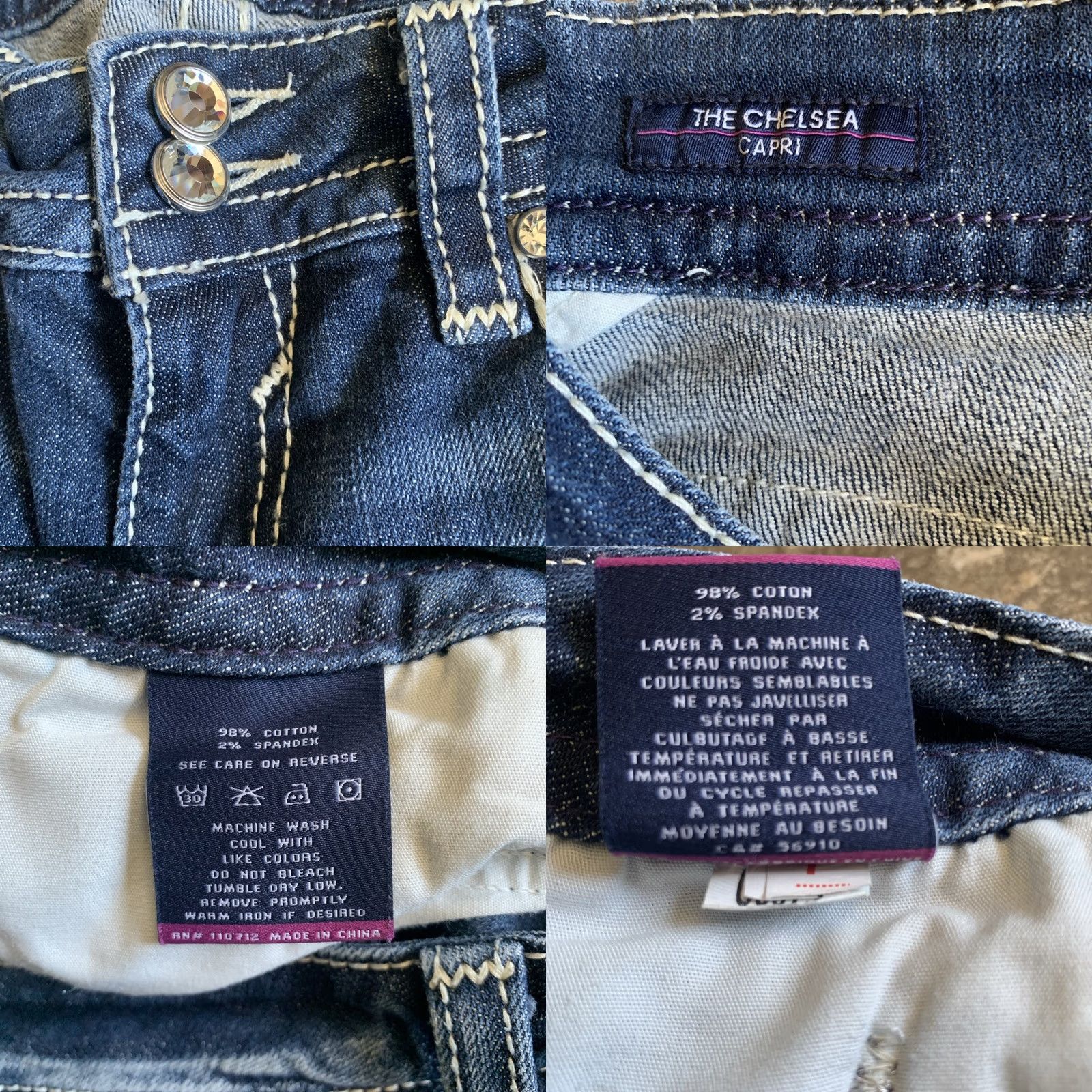 Vintage VIGOSS Capri Pants Women Blue Denim Distressed Rhinestone Capris 7 Juniors 32x21 Belt Loops Straight Modern Casual Flat Front Zip Button Size 28" / US 6 / IT 42 - 8 Thumbnail