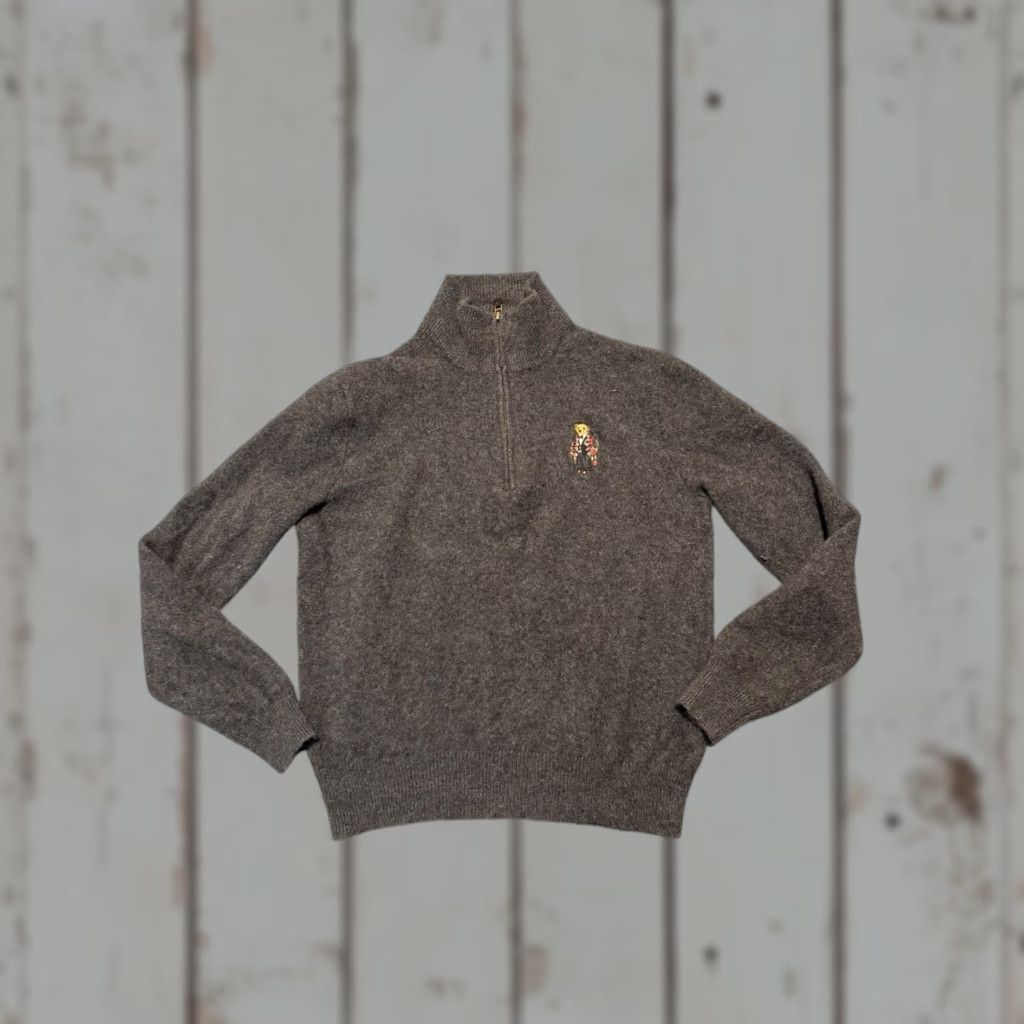 VINTAGE Ralph Lauren Polo Bear Sweater Mens L Gray Wool Cashmere Zip Knit Pullover Christmas Winter Tuxedo Tartan Regular
