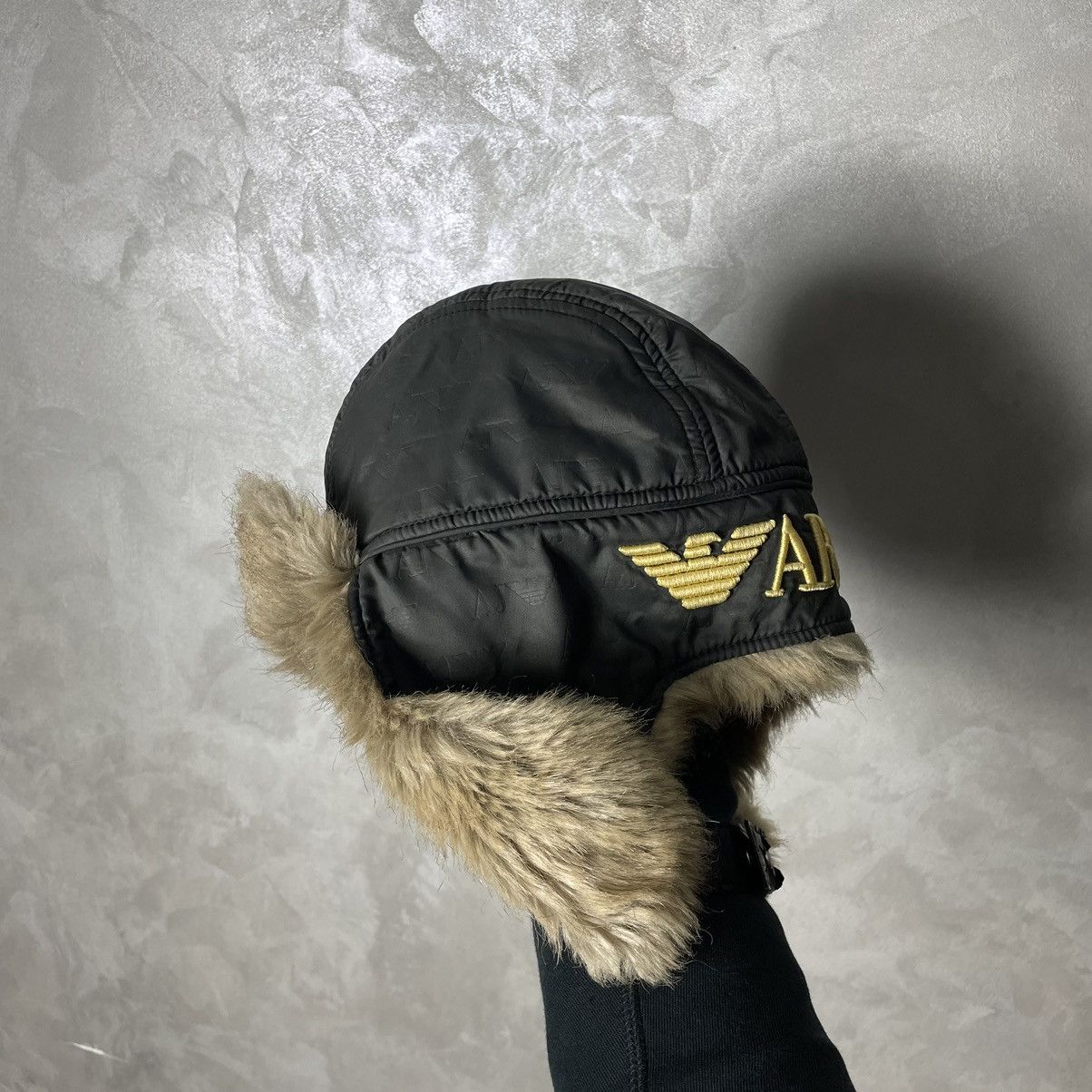 Armani × Vintage Vintage Armani Jeans Monogram Big Logo Fur Trapper Hat Size ONE SIZE - 2 Thumbnail