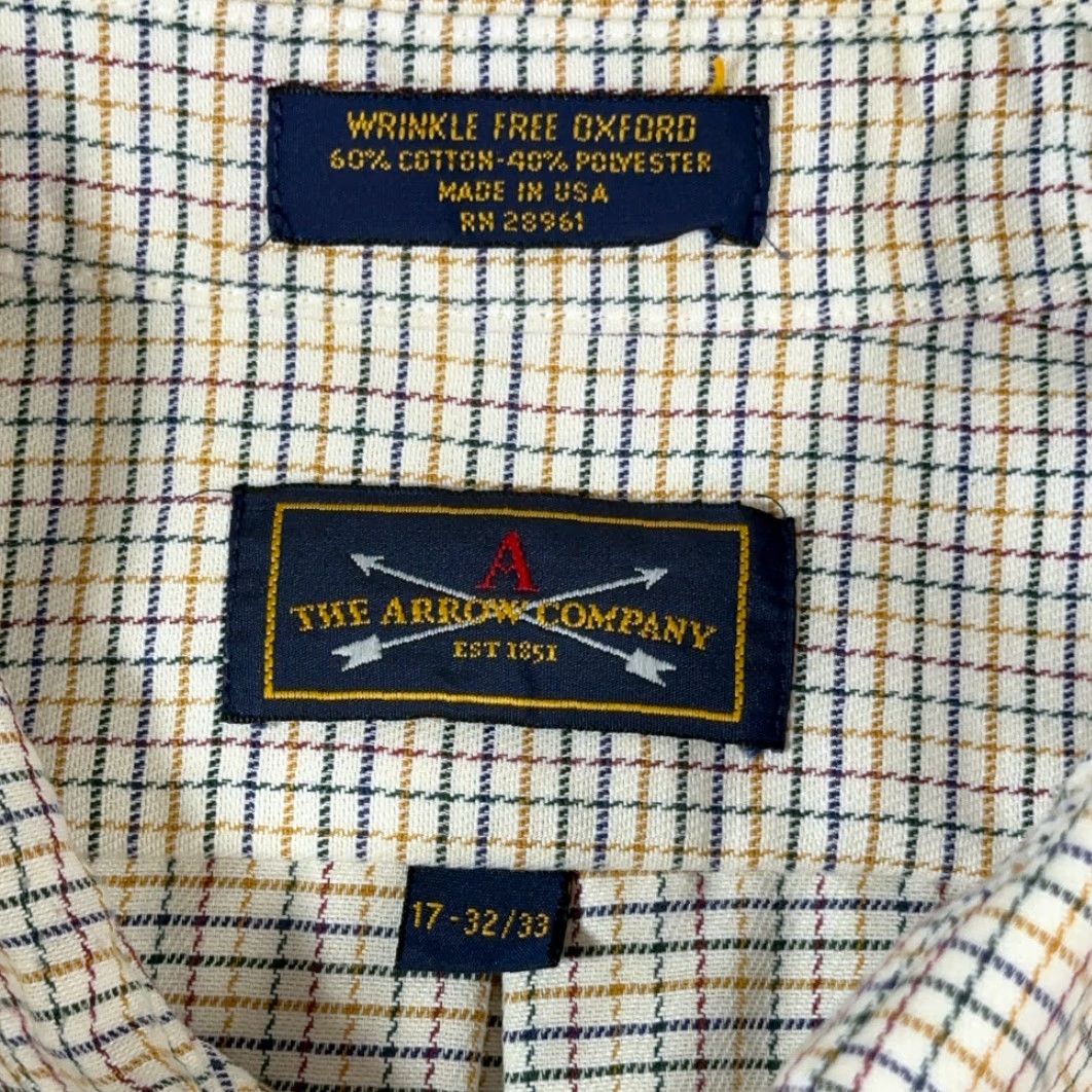 Arrow VINTAGE Arrow Dress Shirt Adult EXTRA LARGE Windowpane Plaid 80s Oxford USA Made Size 46R - 4 Thumbnail