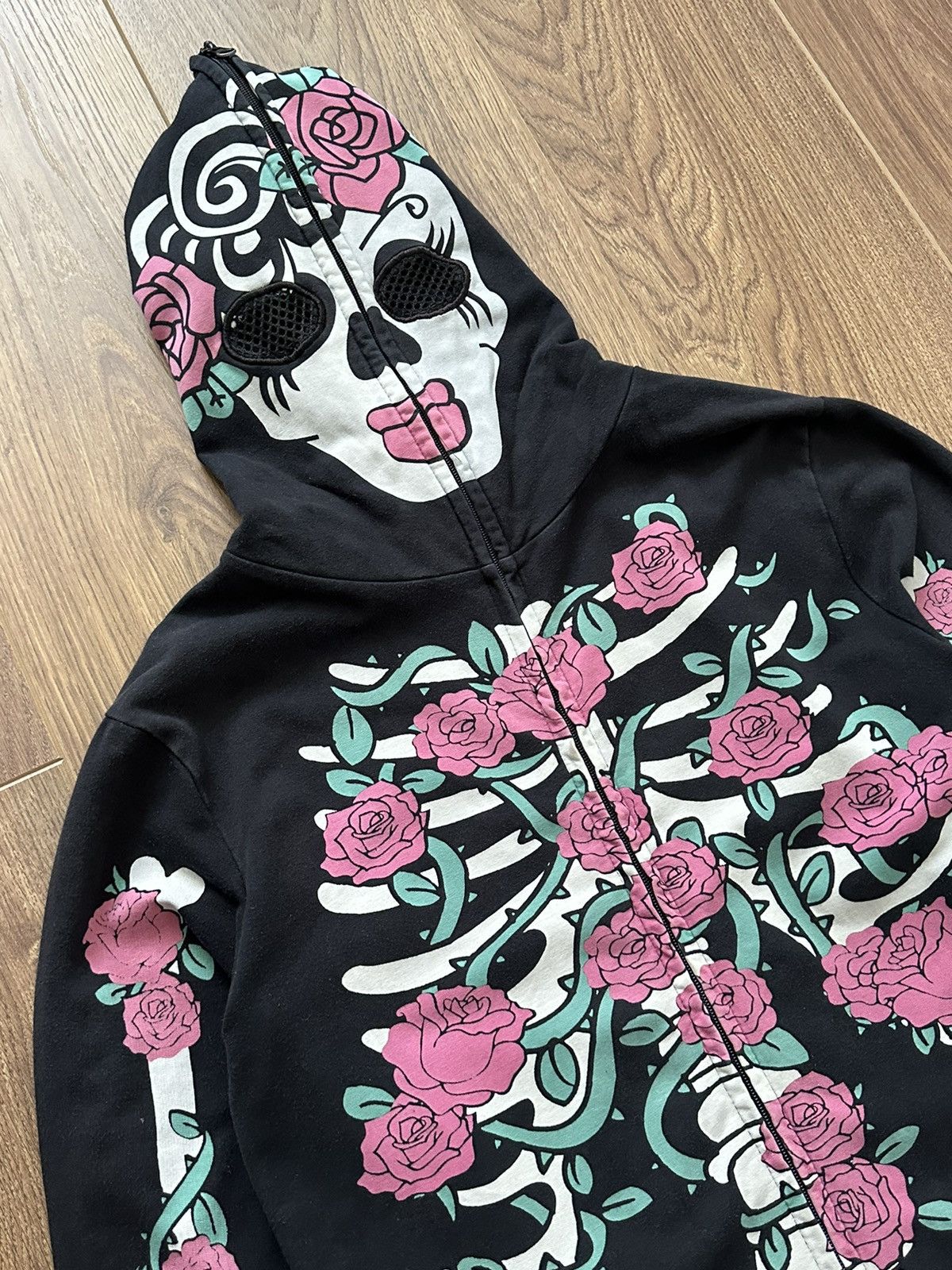 Japanese Brand × Vintage Vintage Skeleton Floral Pint Black Cotton Full Zip Hoodie Size M / US 6-8 / IT 42-44 - 5 Thumbnail