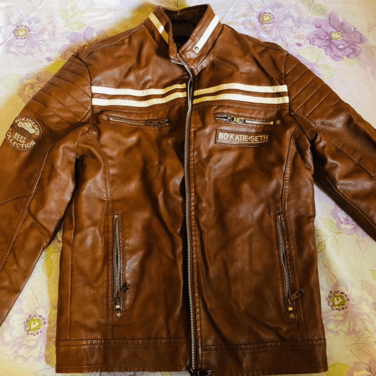 image of Bo Katie·seth Men Fashion Leather Bike Jacket Winter Outdoor in Brown (Size XL)