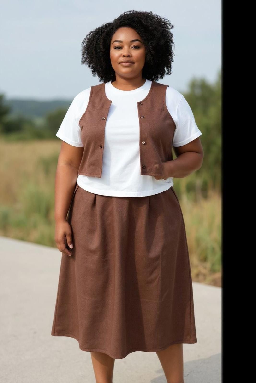Designer Vintage 24K Brown Two-Piece Skirt (20)and Vest (24W) Set Size 3XL / US 20-22 - 1 Thumbnail
