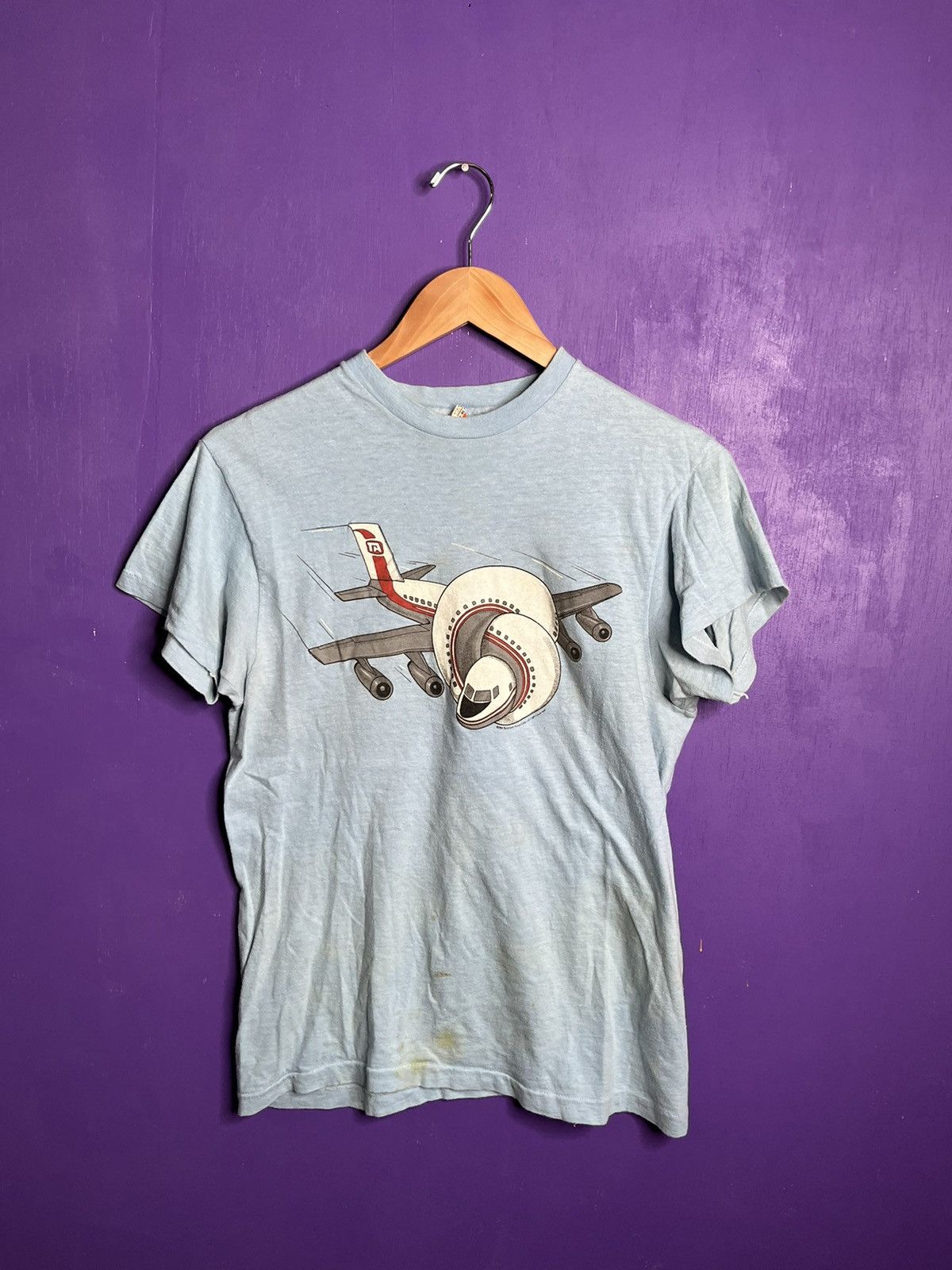 image of Made In USA x Movie Vintage 1980 Airplane Twisted Plane Movie Promo T-Shirt in Blue (Size Medium)