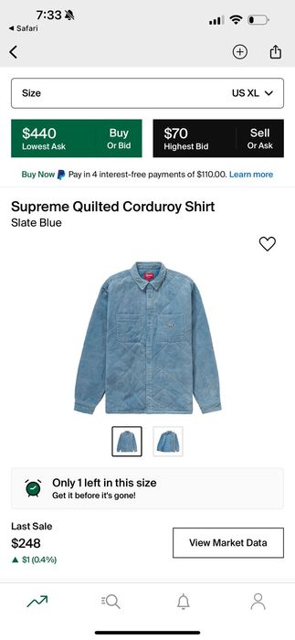 Supreme Supreme quilted corduroy shirt jacket XL | Grailed