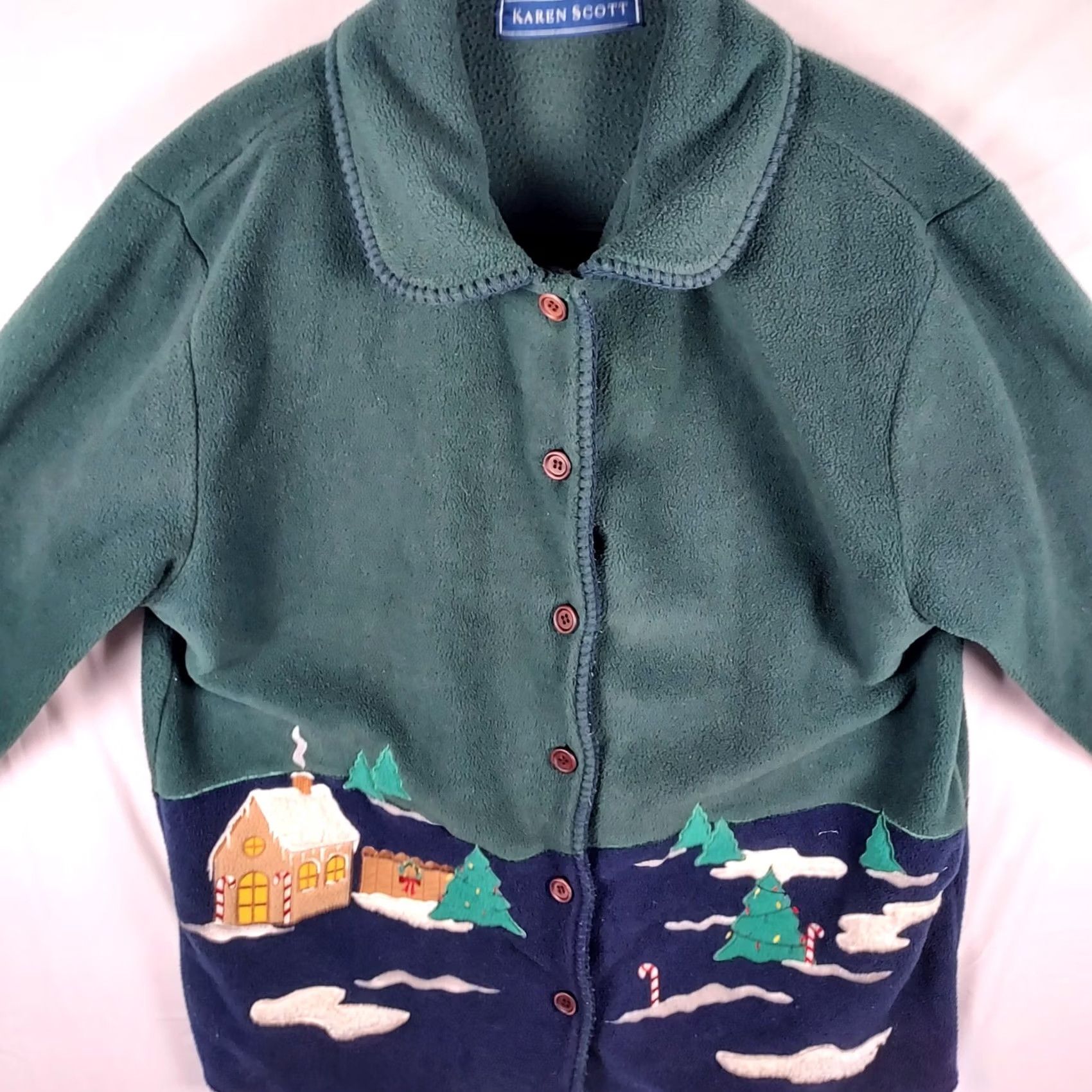 Vintage Karen Scott Christmas Fleece Jacket Women’s M Green Embroidered Cabin Tree Cardigan Sweater Holiday Winter Womens Size M / US 6-8 / IT 42-44 - 3 Thumbnail