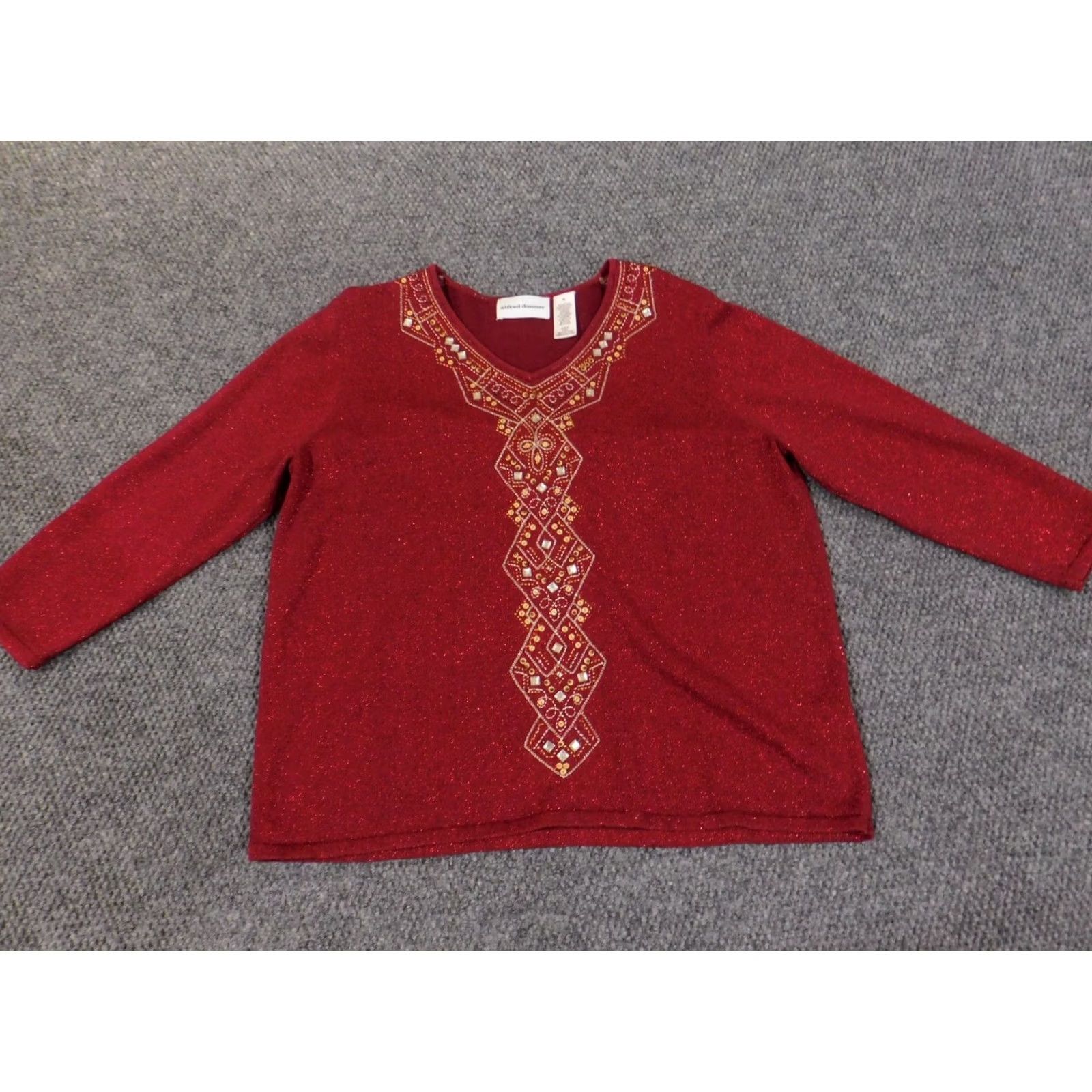 Vintage Alfred Dunner Sweater XL Red Beaded Embellishments Womens Stretch Knit Raglan Sleeve V-Neck Pullover Knit Size XL / US 12-14 / IT 48-50 - 4 Thumbnail