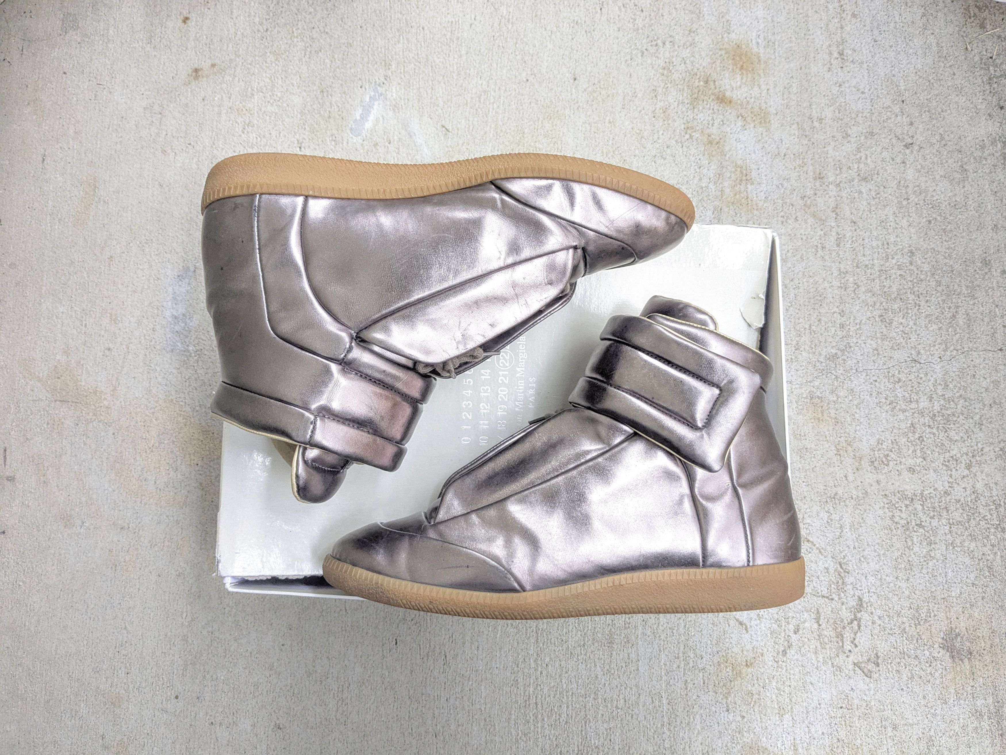 Mmg Maison outlet Margiela photoshoot silver leather velcro high tops 8.5