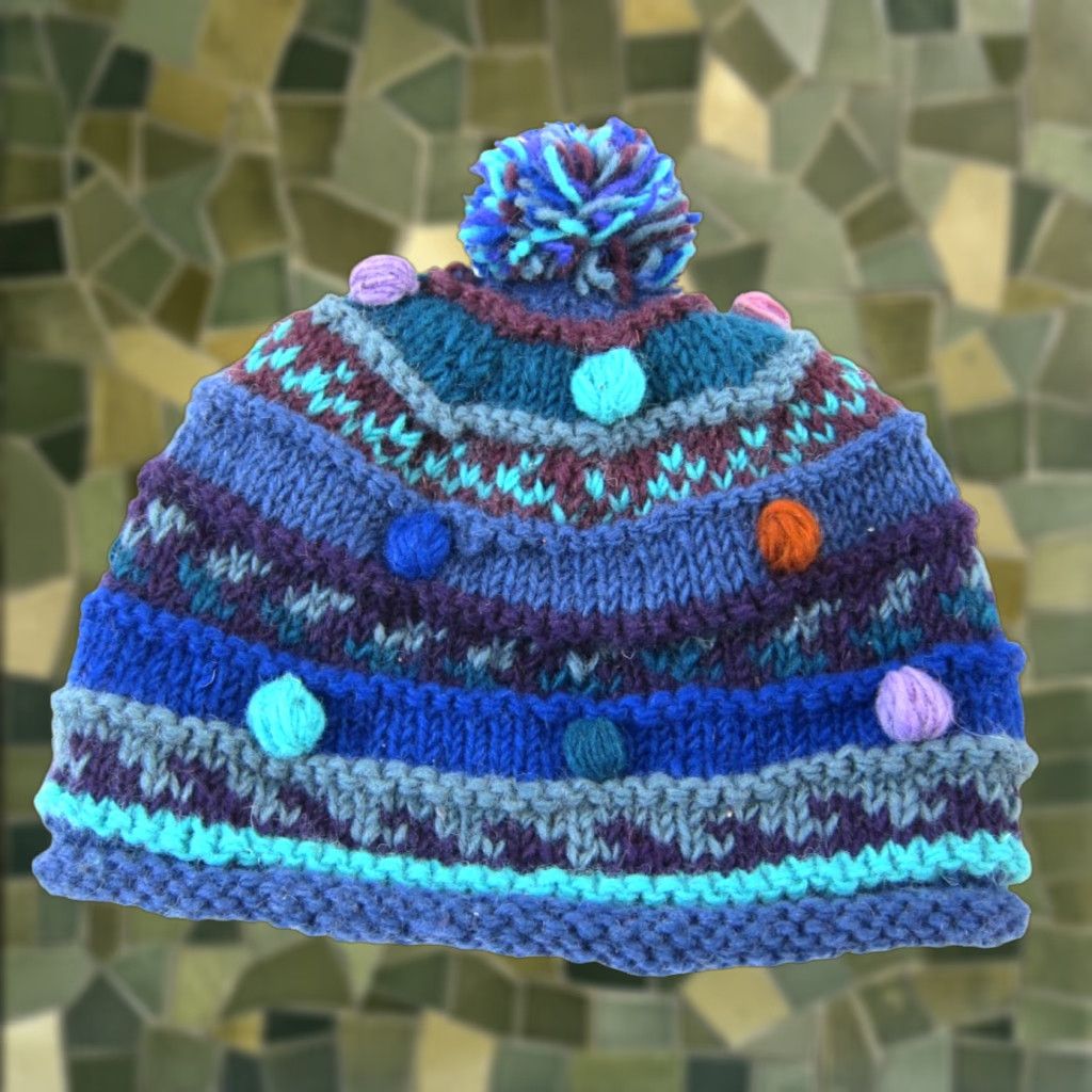 Vintage Ganesh Himal Beanie Hat OS Knit Blue 100% Wool Fleece Lined Pom Pom One Size Womens Size ONE SIZE - 1 Thumbnail