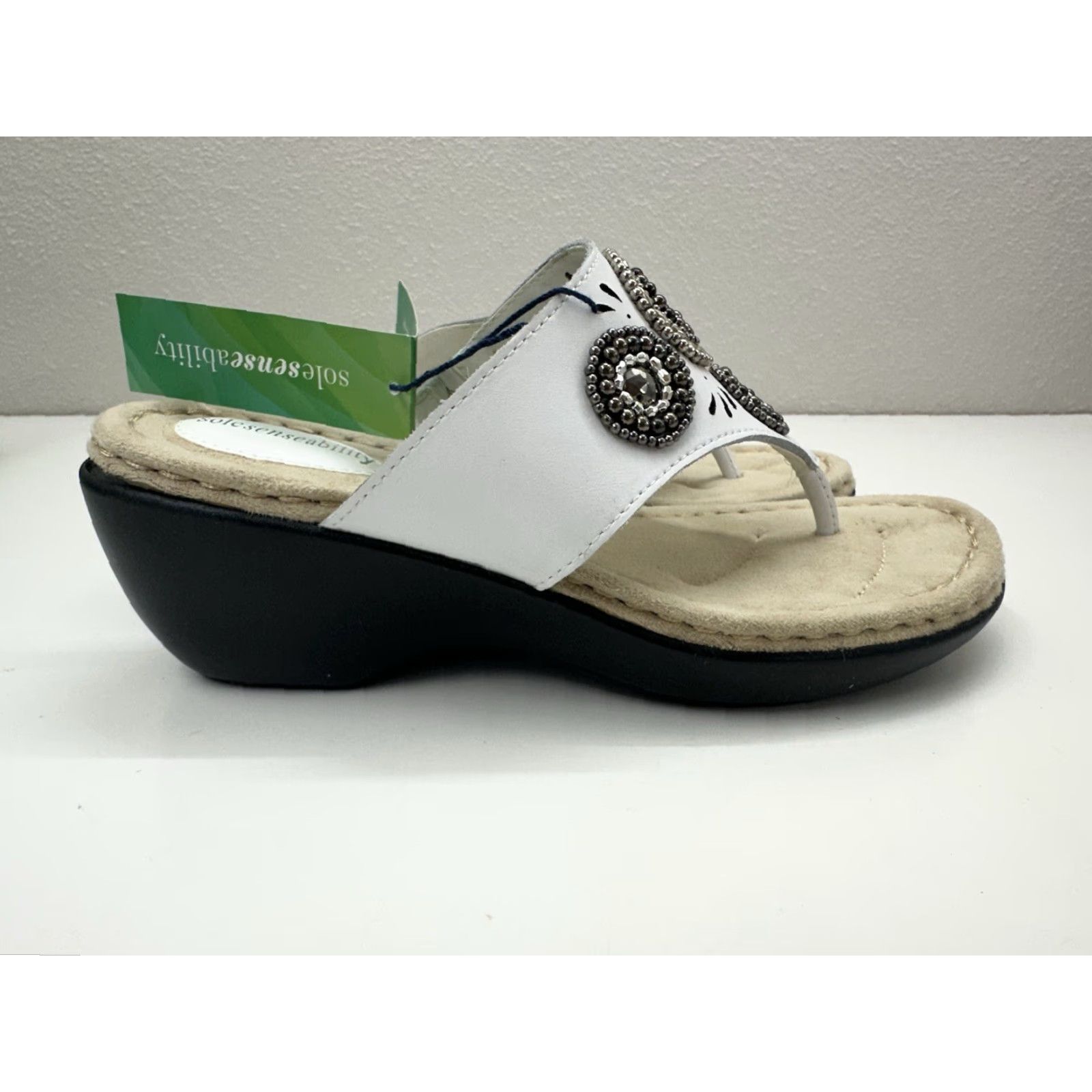 Vintage Solesenseability Womens Sandals Thong Slip-On Leather Beaded White 6.5 Casual Bohemian Shoes Womens In White Sandals Size US 7 / IT 37 - 3 Thumbnail