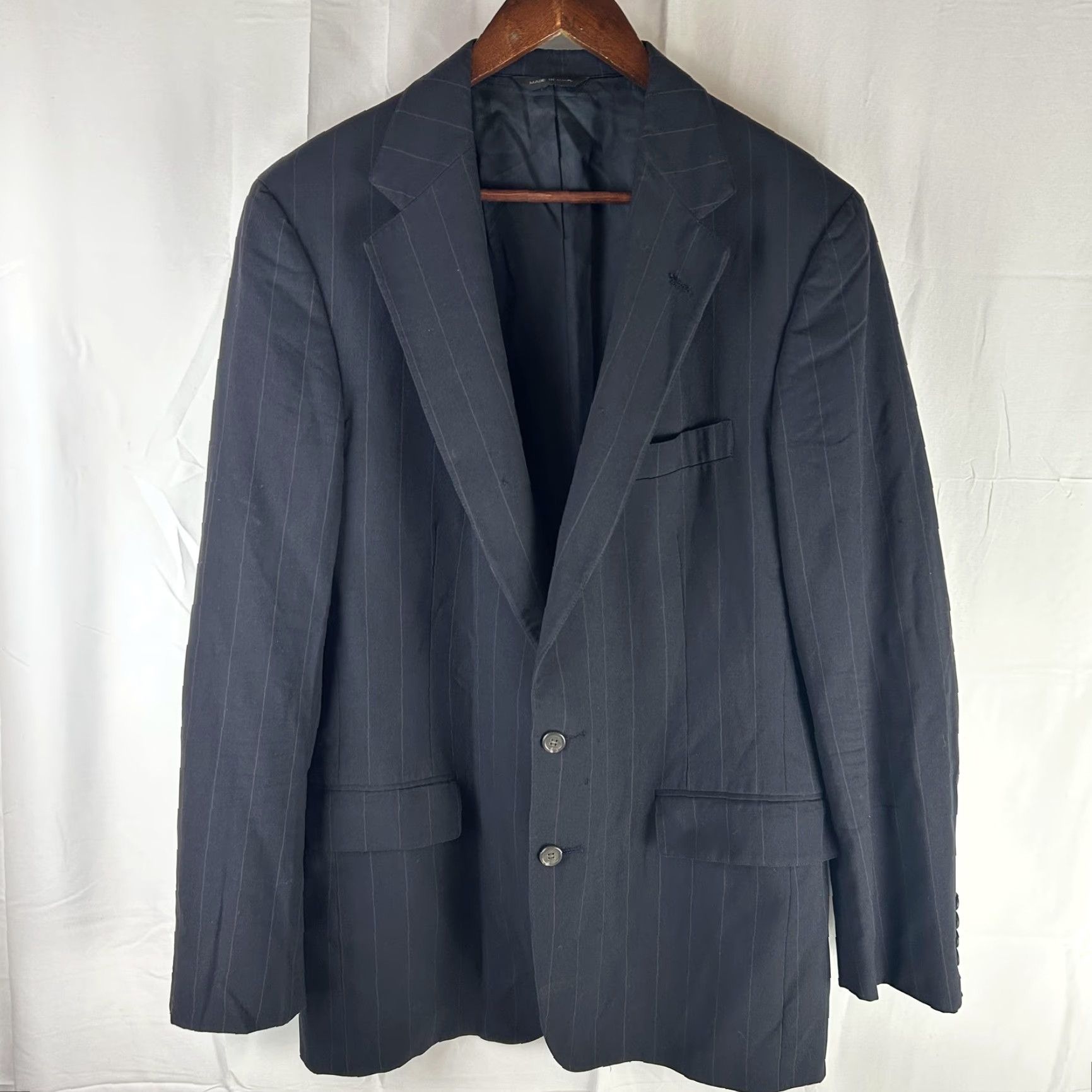 Ralph Lauren VINTAGE Ralph Lauren Polo University Club Suit Jacket Mens 42 Blue Pinstripe Wool 90s Two-Button Notch Lapel Singles Front Button Size US XL / EU 56 / 4 - 2 Thumbnail