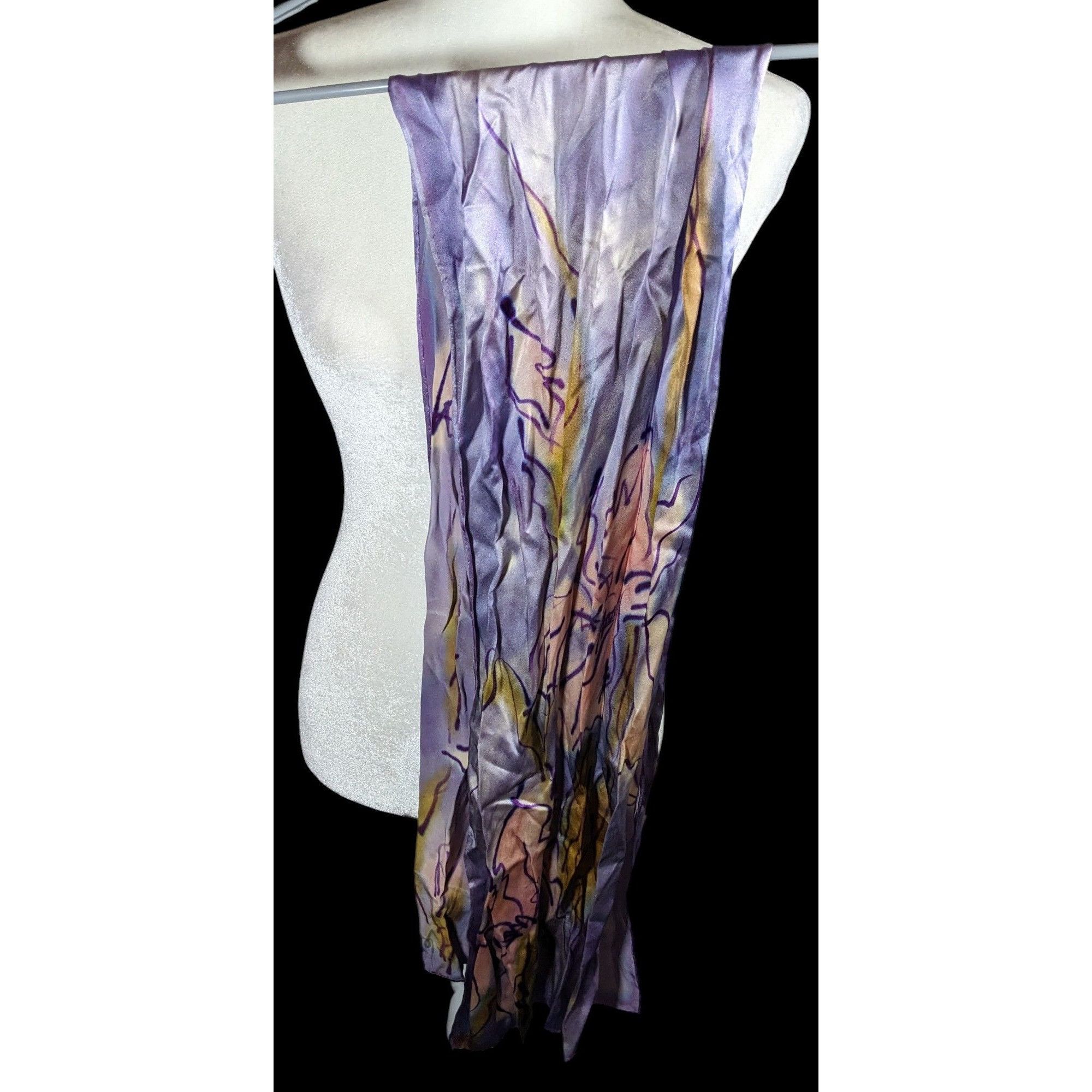 Other Abstract Floral Hand Painted Signed Purple Silk Art Scarf Size ONE SIZE - 3 Thumbnail