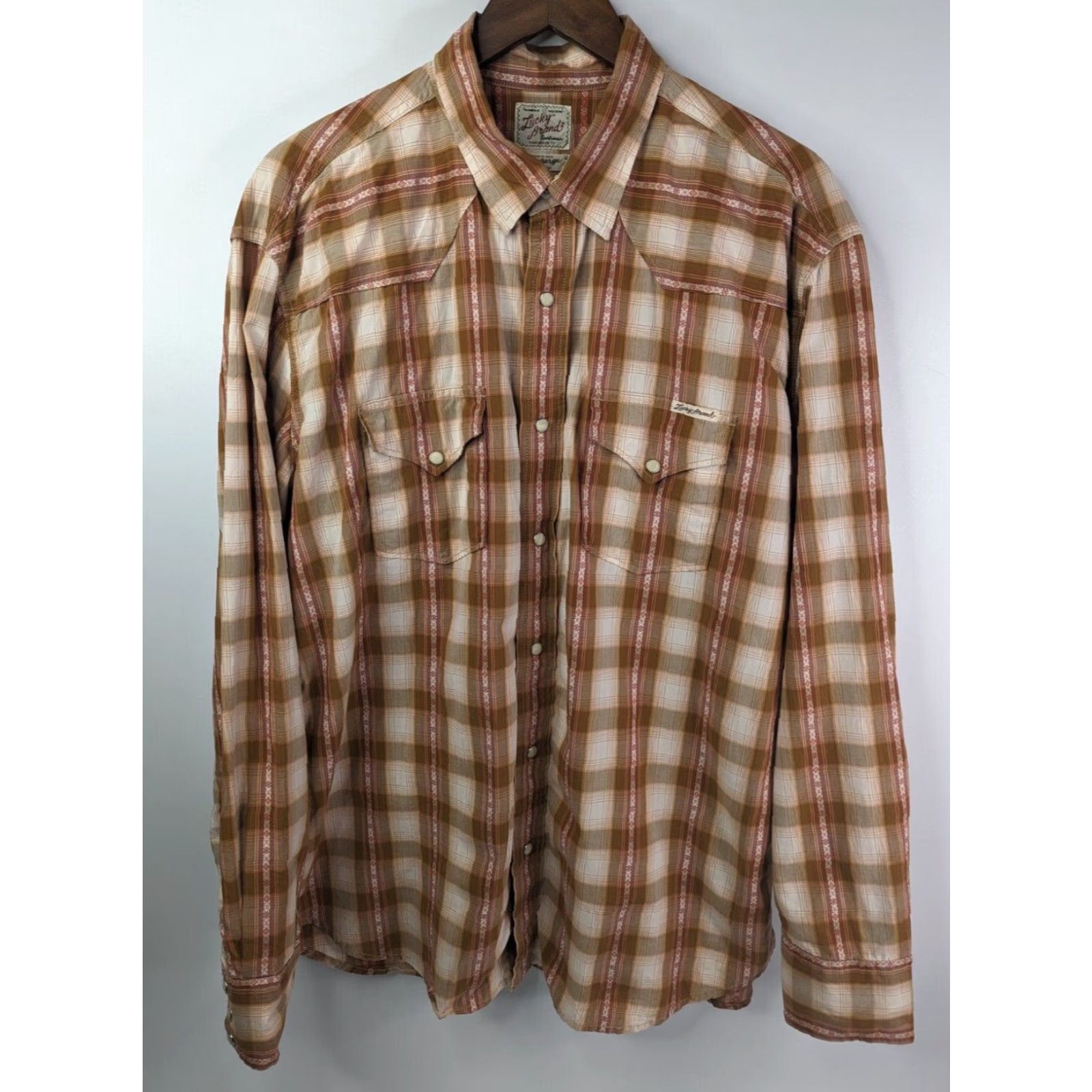 Lucky Brand Lucky Brand Shirt Men's 2XL Orange Western Plaid Pearl Snap Long Sleeve Cowboy Size US XXL / EU 58 / 5 - 2 Thumbnail