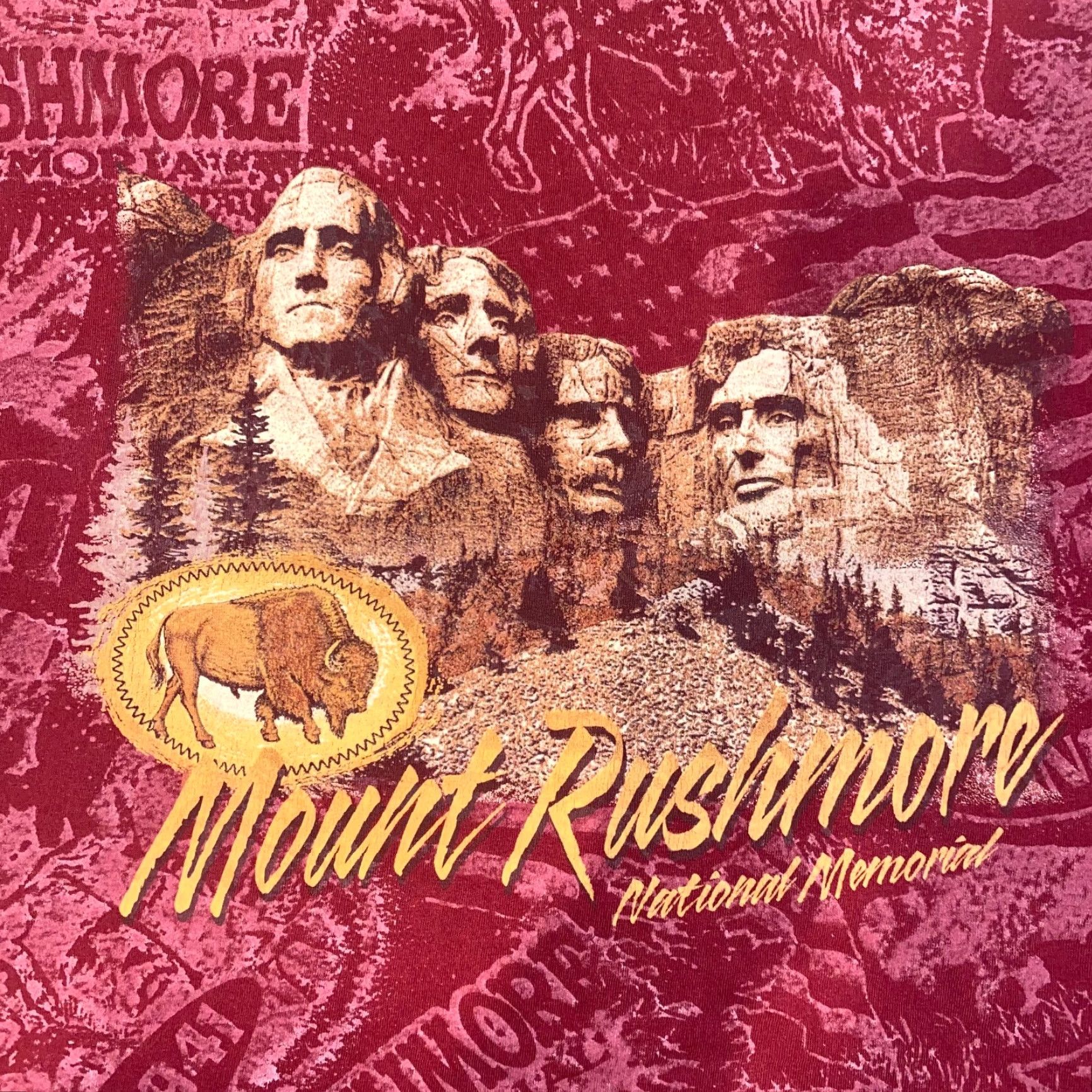 Jerzees Y2K Mount Rushmore National Memorial Maroon All Over Print T-Shirt - L Men Shirt Crew Neck Cotton Jersey Logo Graphic Print Vintage: No Size US L / EU 52-54 / 3 - 2 Thumbnail