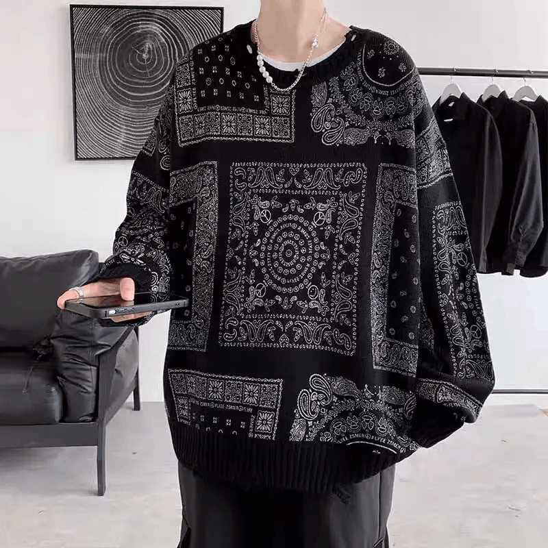 Japanese Brand × Vintage Black distressed paisley bandana sweater jumper knitwear Size US XL / EU 56 / 4 - 2 Thumbnail