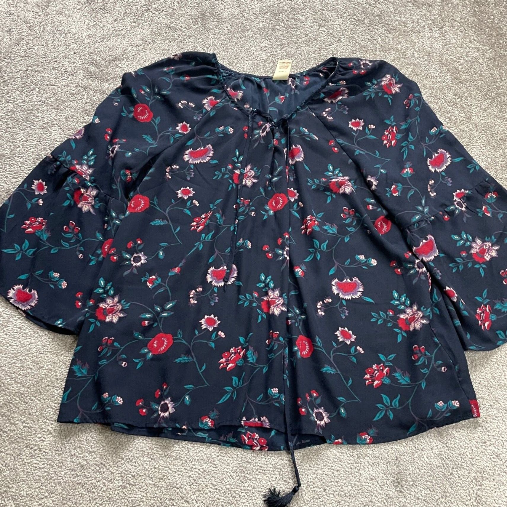 Faded Glory Faded Glory Tunic Blouse 2XL Navy Blue Floral Tasseled Long Sleeve Casual Womens Size XXL / US 16-18 / IT 52-54 - 3 Thumbnail