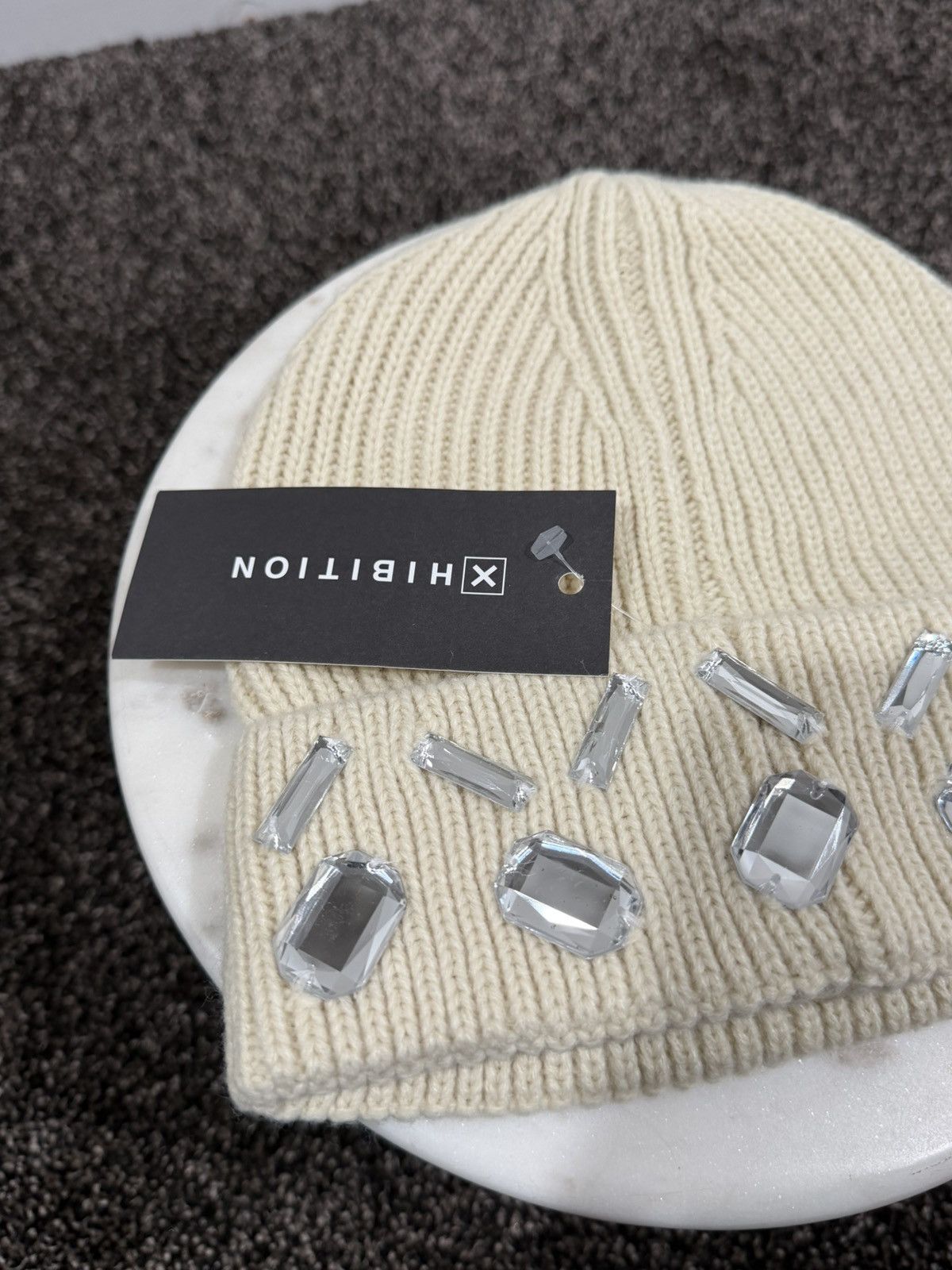 Other PRVT LBL Xhibition Embelish Gem Stones Cream Beanie Knit Hat Size ONE SIZE - 3 Thumbnail