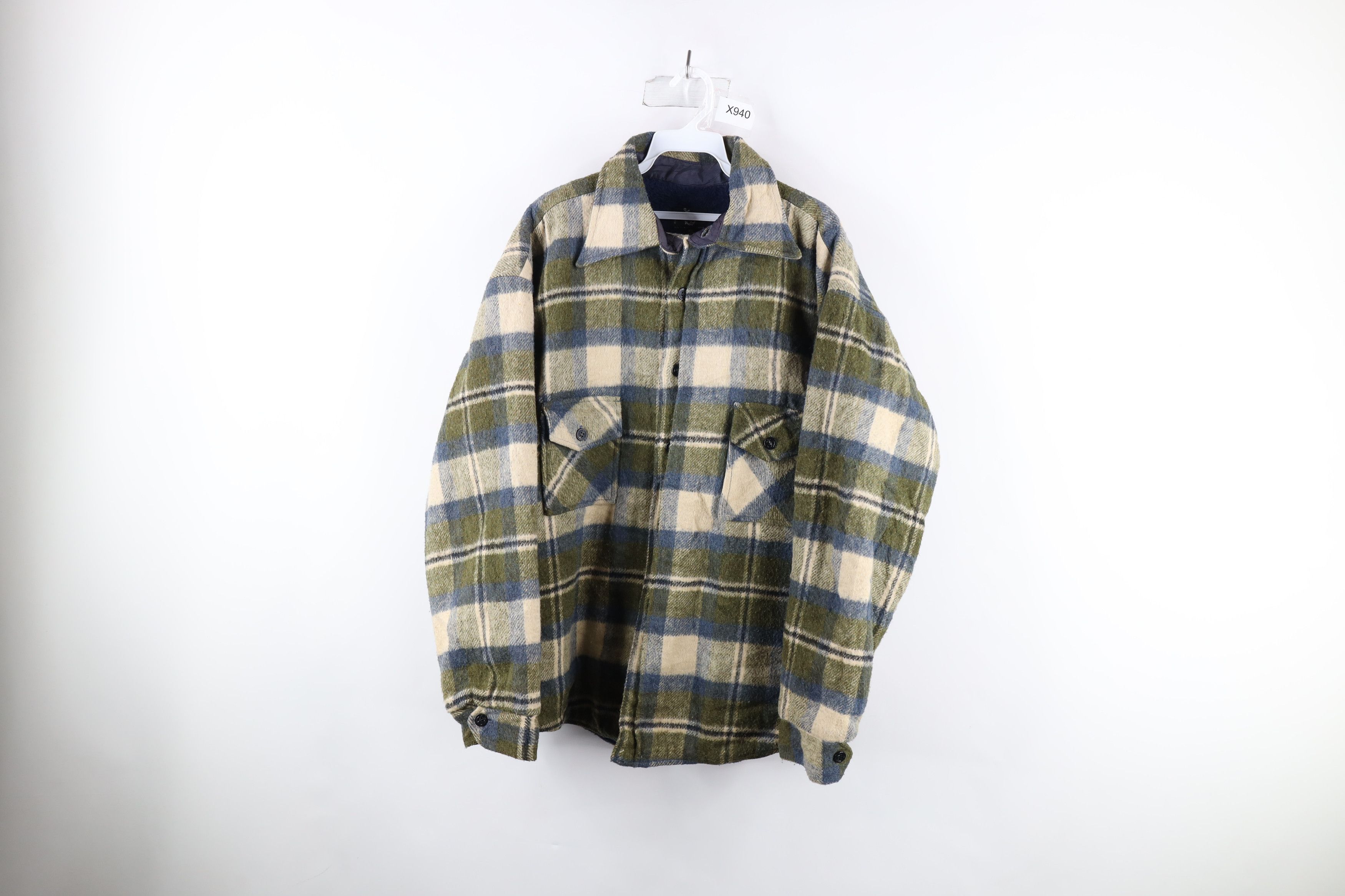 image of Vintage 60S 70's Wool Cpo Button Shirt Jacket Green Plaid, Men's (Size XL)