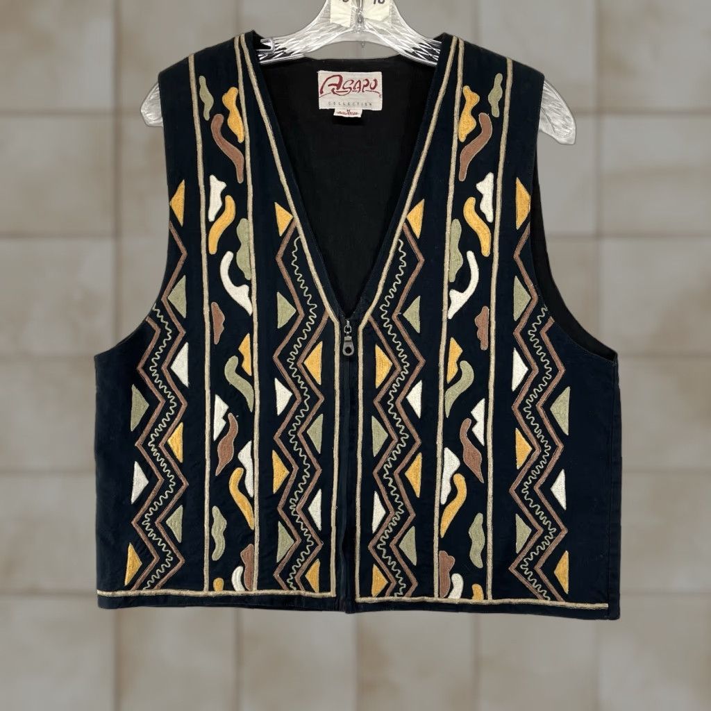 Vintage VINTAGE Women's Vest Tribal Embroidered Earth Tones All Cotton Zip Front Medium Size M / US 6-8 / IT 42-44 - 1 Thumbnail