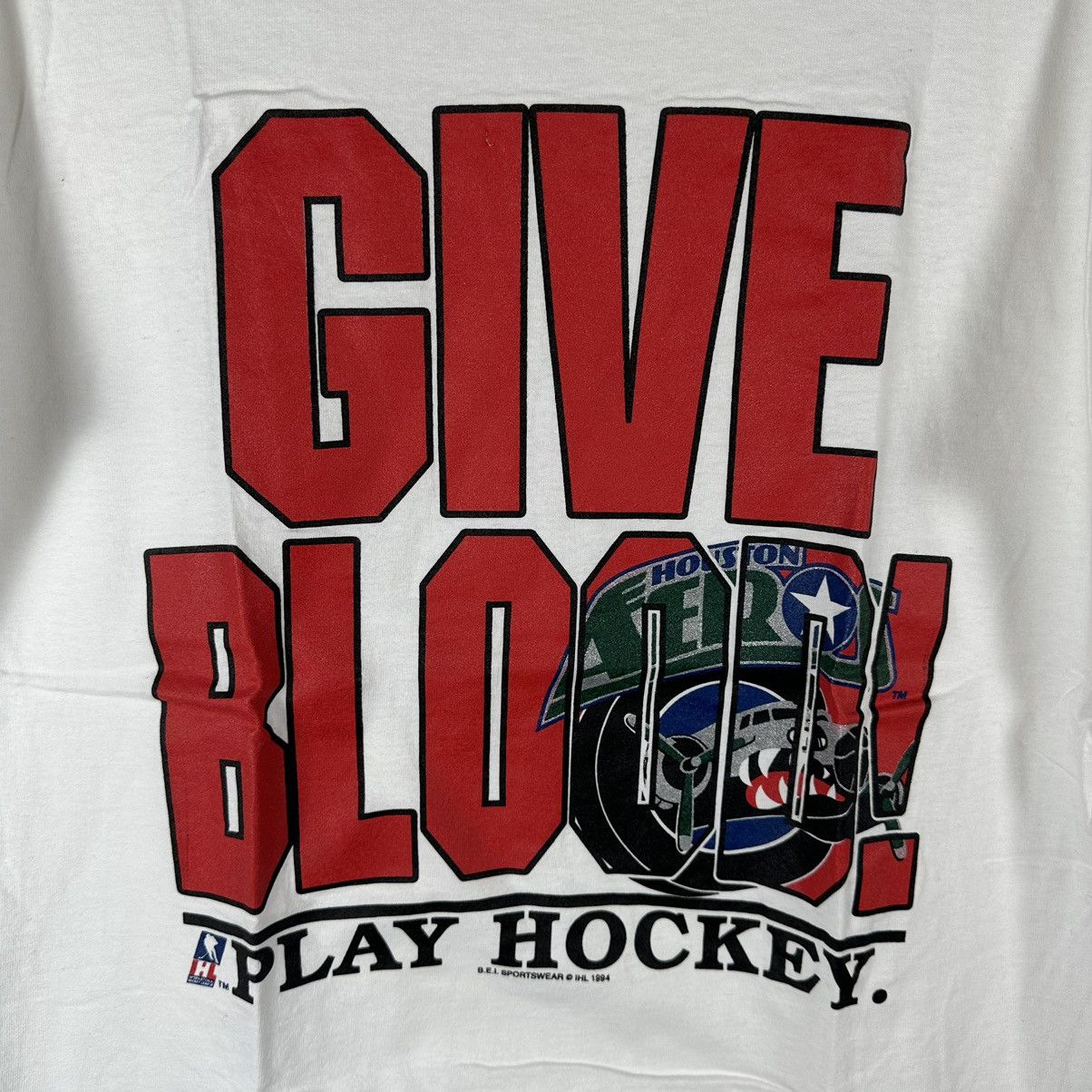 Fruit Of The Loom × Vintage Vintage 1994 Houston Aeros Give Blood! Play Hockey T-shirt Size US L / EU 52-54 / 3 - 3 Thumbnail