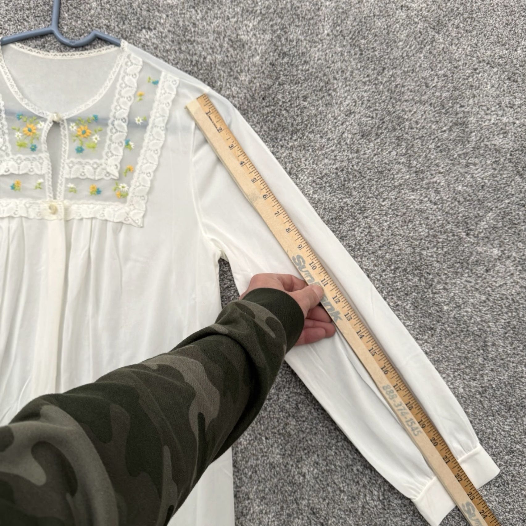 JCPenney VINTAGE 70s Nightgown Gown Medium White Nylon Lace Embroidery Cottagecore Romantic Long Sleeve Button Round Neck Women M Size ONE SIZE - 5 Thumbnail