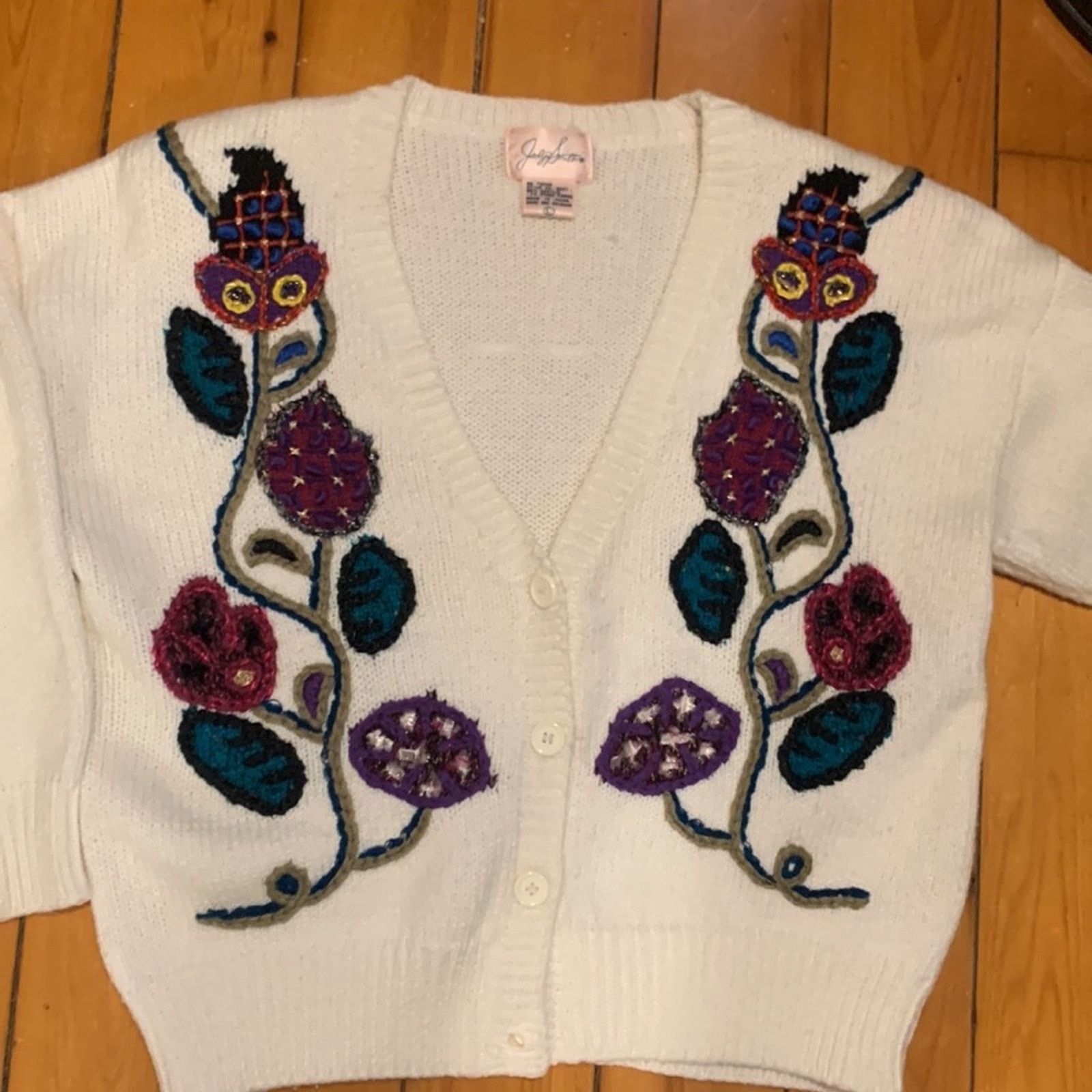 Vintage 80’s embroidered crewel botannical motifs white cardigan Size L / US 10 / IT 46 - 4 Thumbnail