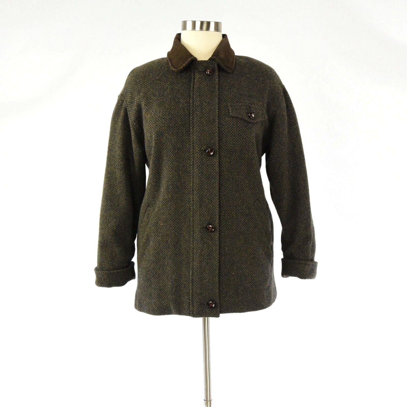 image of Vintage Womens 12P Mackintosh Barn Coat Green & Blue Herringbone Leather Collar in White (Size XL)