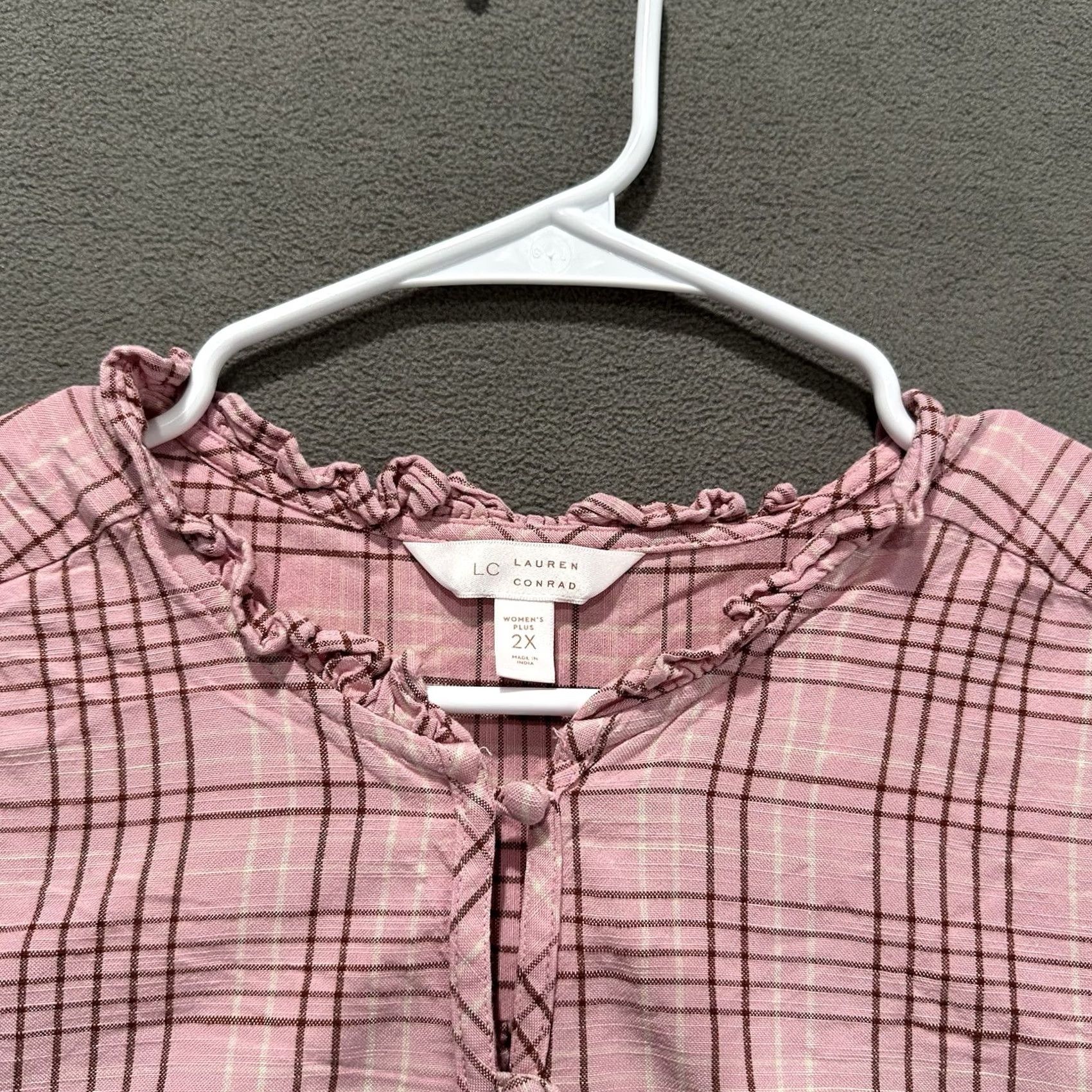 Vintage LC Lauren Conrad Blouse Womens 2X Pink Plaid Button Front Ruffle Balloon Sleeve Knit Cotton Blend Top Boy/Girls Women Size XXL / US 16-18 / IT 52-54 - 3 Thumbnail
